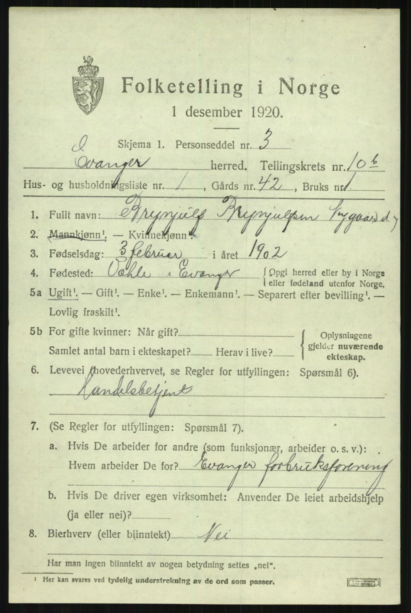 SAB, 1920 census for Evanger, 1920, p. 3353