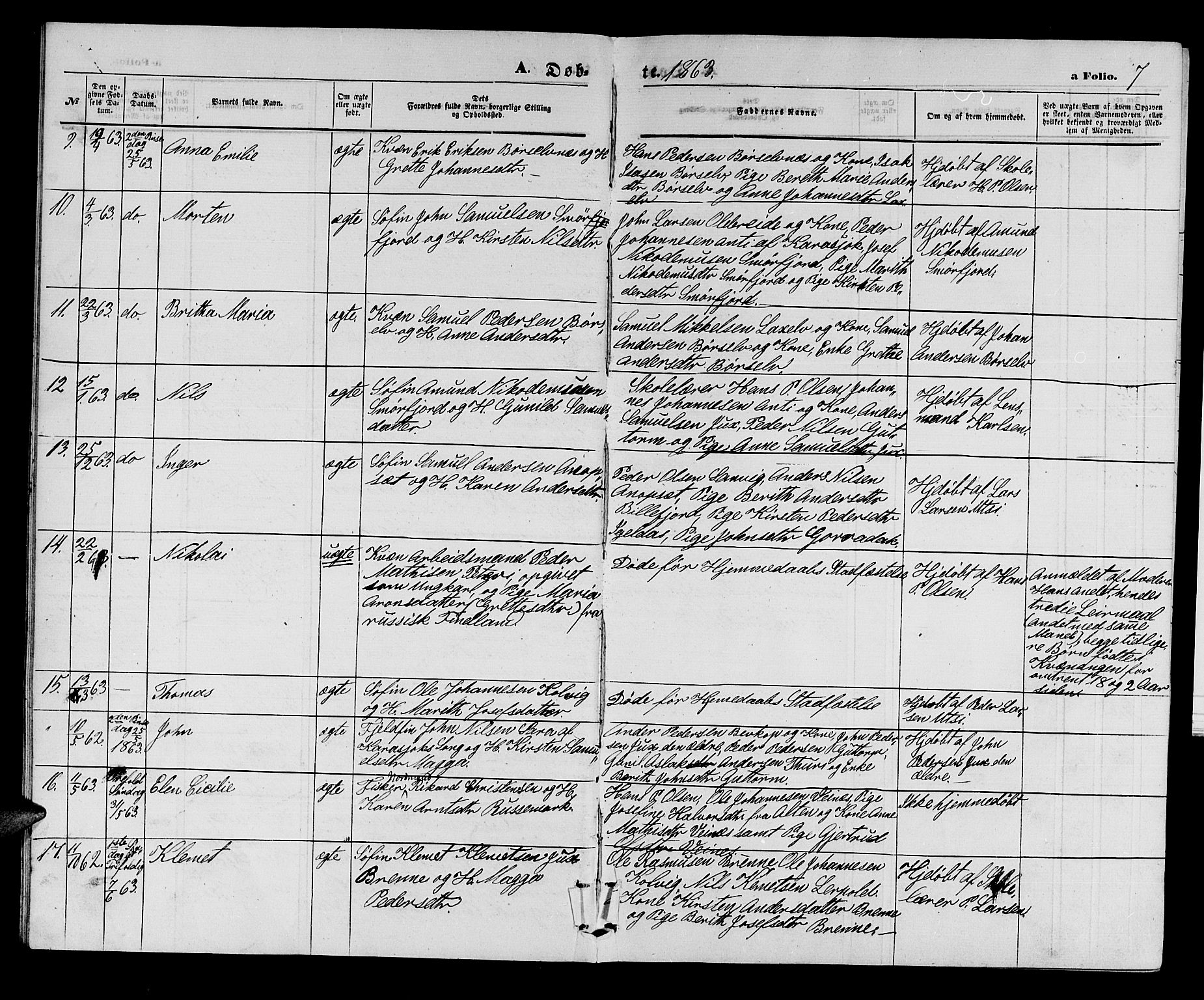 Kistrand/Porsanger sokneprestembete, AV/SATØ-S-1351/H/Hb/L0002.klokk: Parish register (copy) no. 2, 1862-1873, p. 7