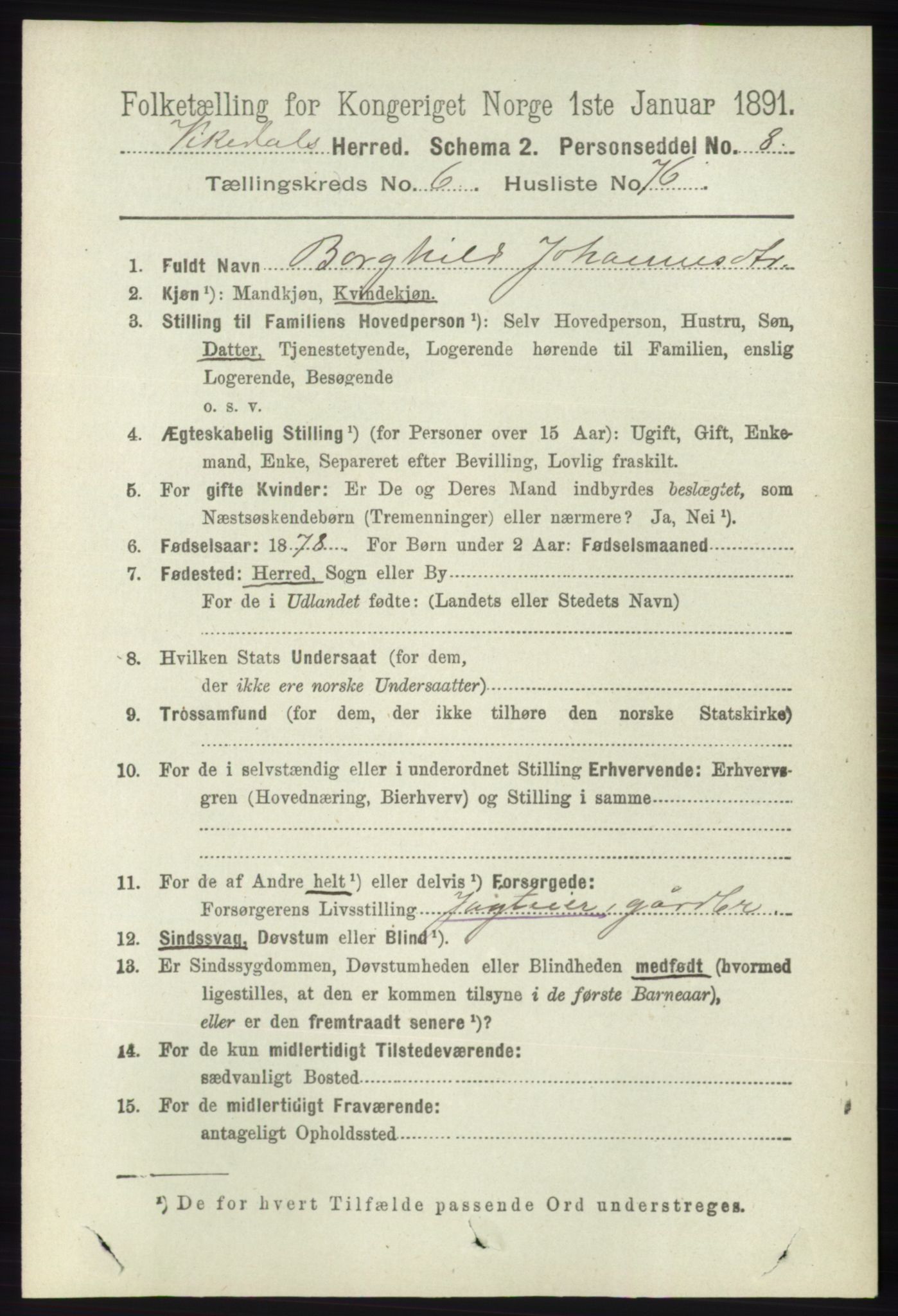 RA, 1891 census for 1157 Vikedal, 1891, p. 1981