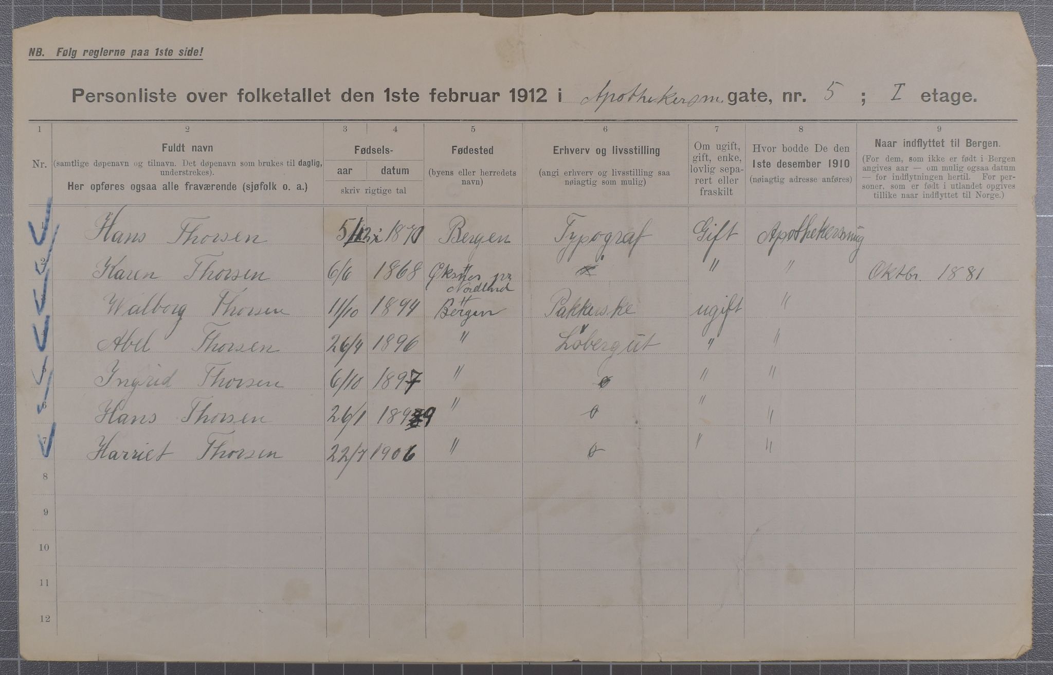 SAB, Municipal Census 1912 for Bergen, 1912, p. 1489