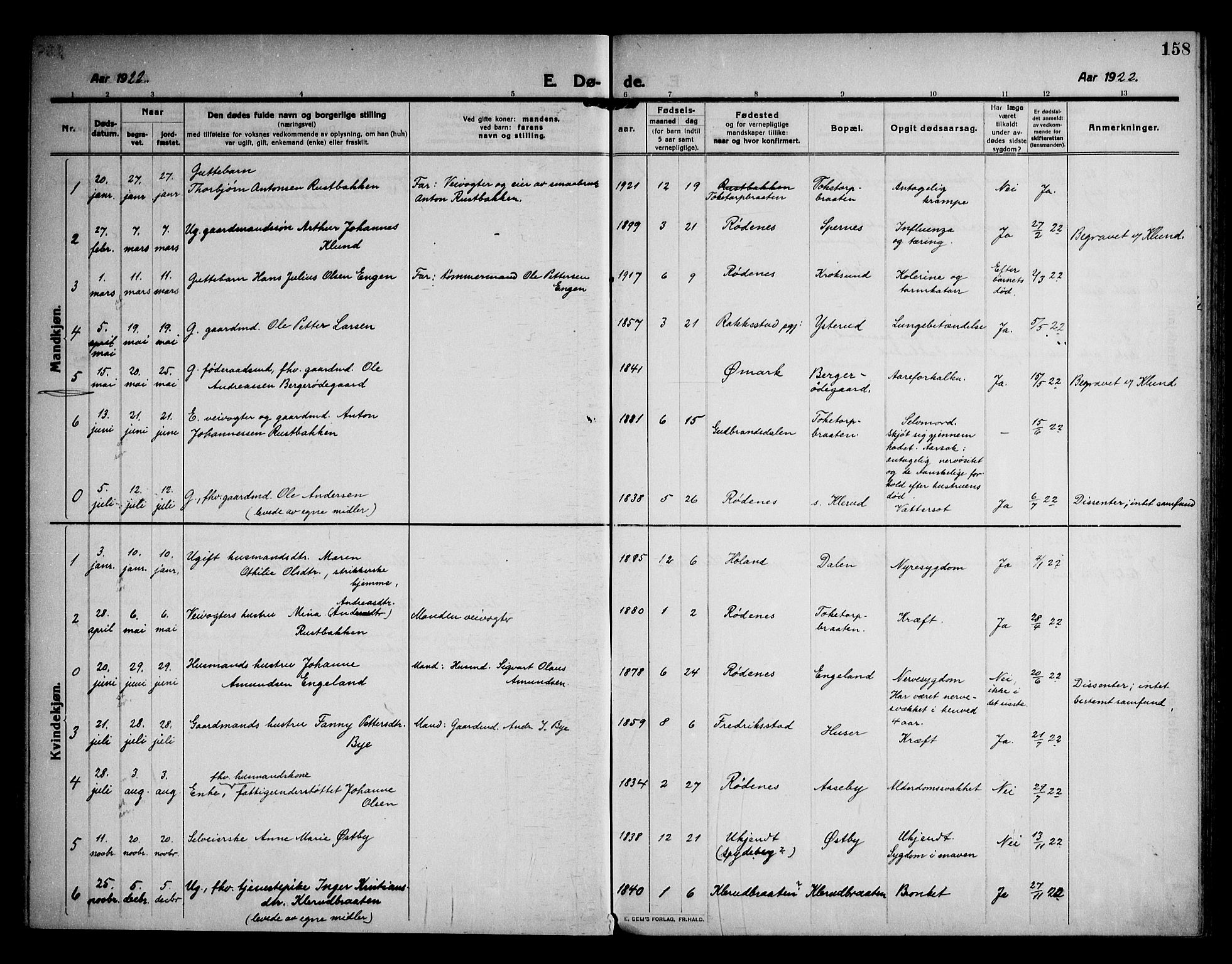 Rødenes prestekontor Kirkebøker, AV/SAO-A-2005/F/Fa/L0012: Parish register (official) no. I 12, 1911-1926, p. 158