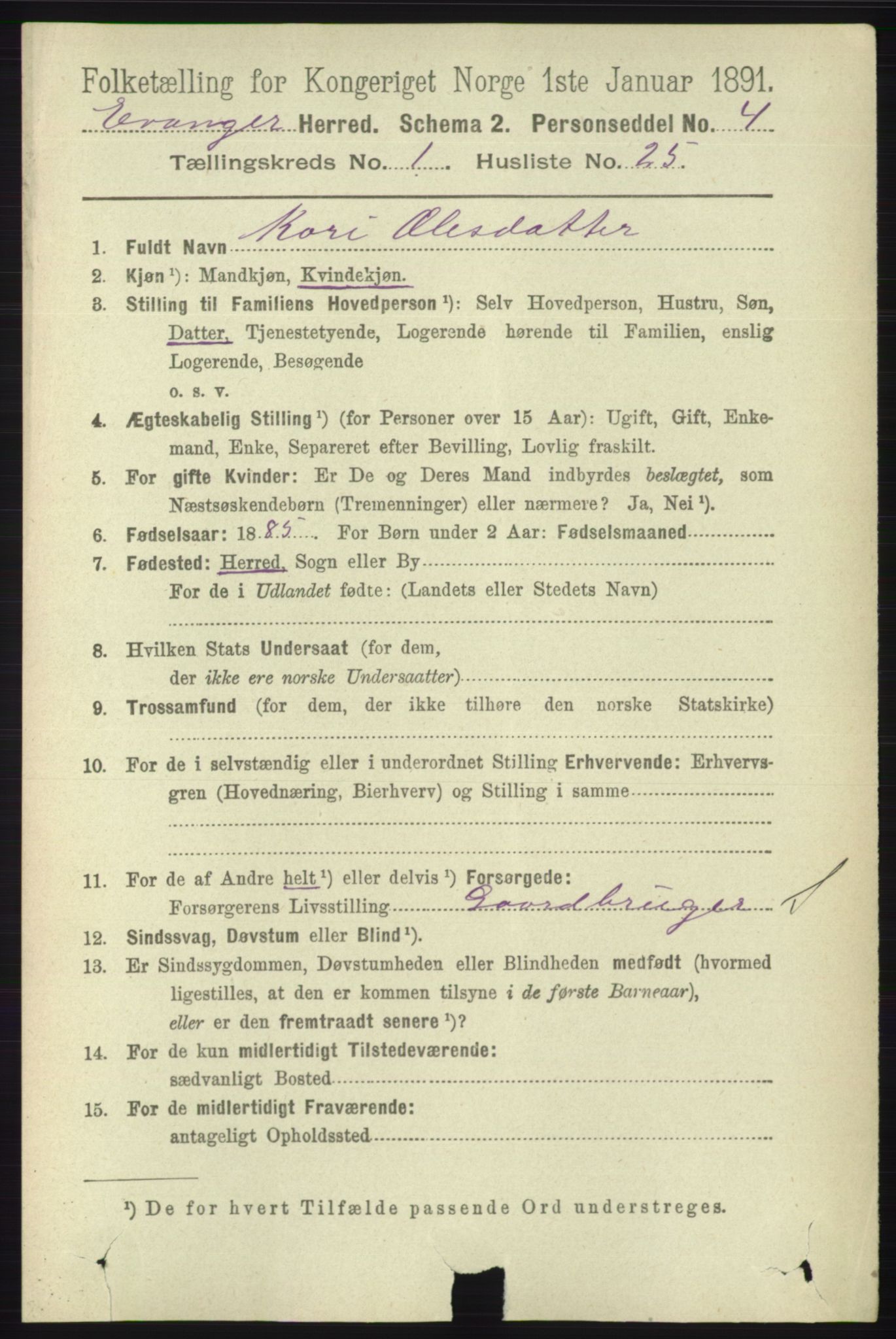 RA, 1891 census for 1237 Evanger, 1891, p. 243