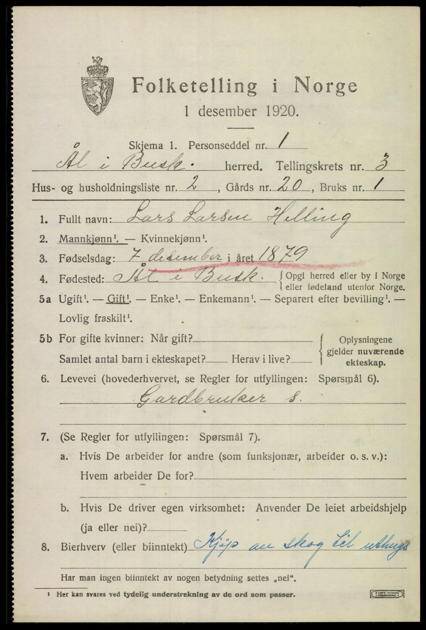 SAKO, 1920 census for Ål, 1920, p. 2390