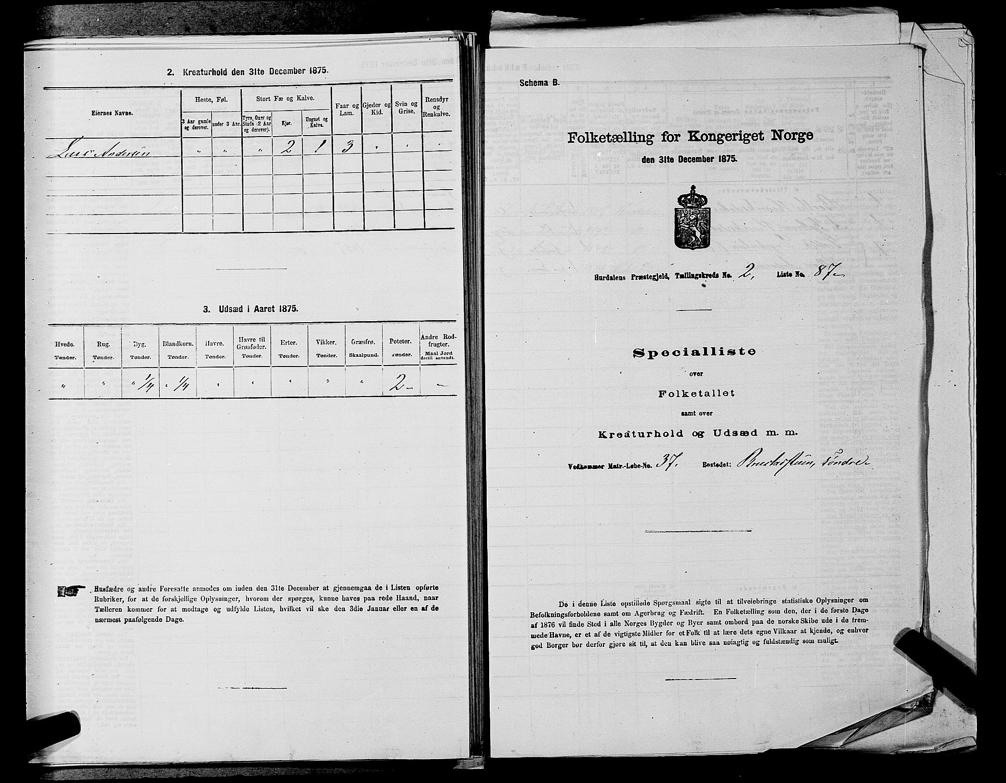 RA, 1875 census for 0239P Hurdal, 1875, p. 452