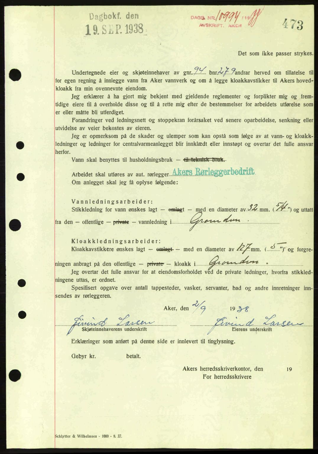 Aker herredsskriveri, SAO/A-10896/G/Gb/Gba/Gbab/L0025: Mortgage book no. A154-155, 1938-1938, Diary no: : 10994/1938