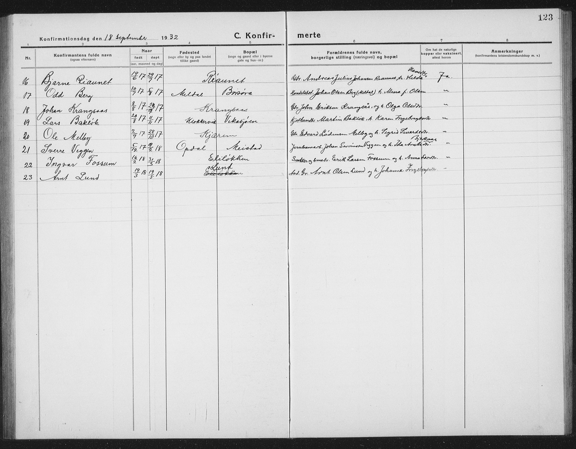 Ministerialprotokoller, klokkerbøker og fødselsregistre - Sør-Trøndelag, SAT/A-1456/665/L0778: Parish register (copy) no. 665C03, 1916-1938, p. 123