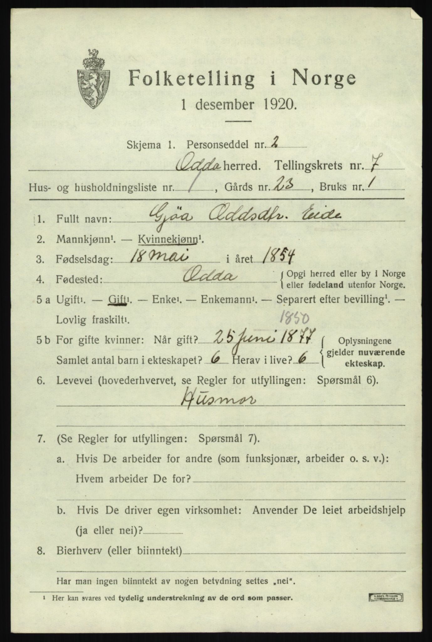 SAB, 1920 census for Odda, 1920, p. 4877