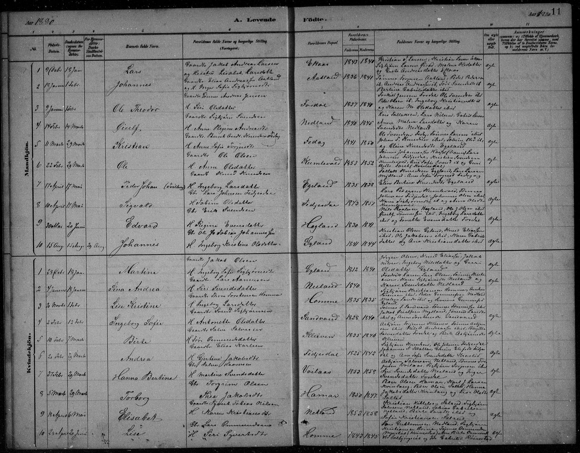 Bakke sokneprestkontor, SAK/1111-0002/F/Fb/Fbb/L0003: Parish register (copy) no. B 3, 1878-1896, p. 11