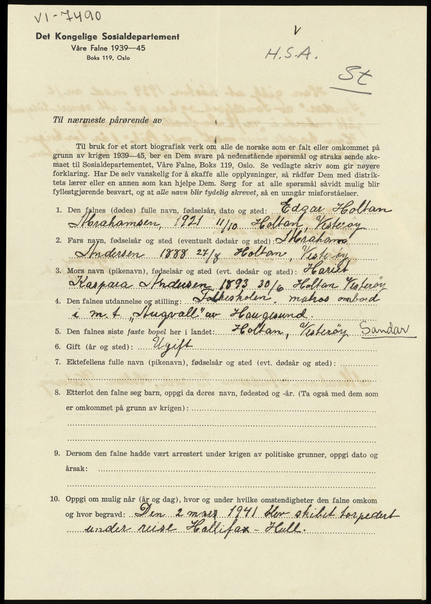 Sosialdepartementet, Våre Falne, AV/RA-S-1708/E/Ee/L0025: Personmapper: Abelsen 01 - Amundsen, H. 65, 1945-1951, p. 181