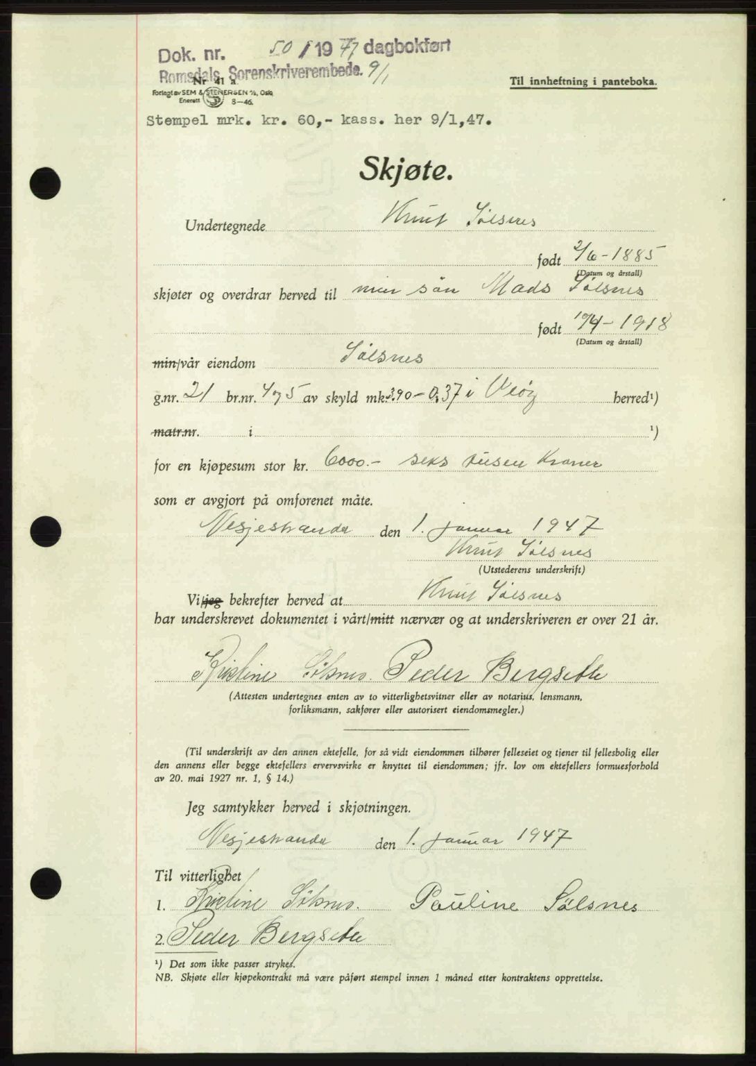 Romsdal sorenskriveri, AV/SAT-A-4149/1/2/2C: Mortgage book no. A22, 1947-1947, Diary no: : 50/1947