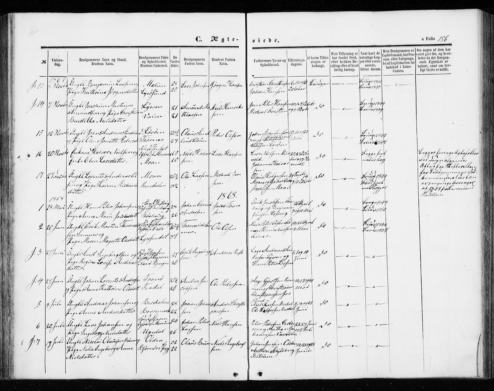 Ministerialprotokoller, klokkerbøker og fødselsregistre - Sør-Trøndelag, AV/SAT-A-1456/655/L0678: Parish register (official) no. 655A07, 1861-1873, p. 156