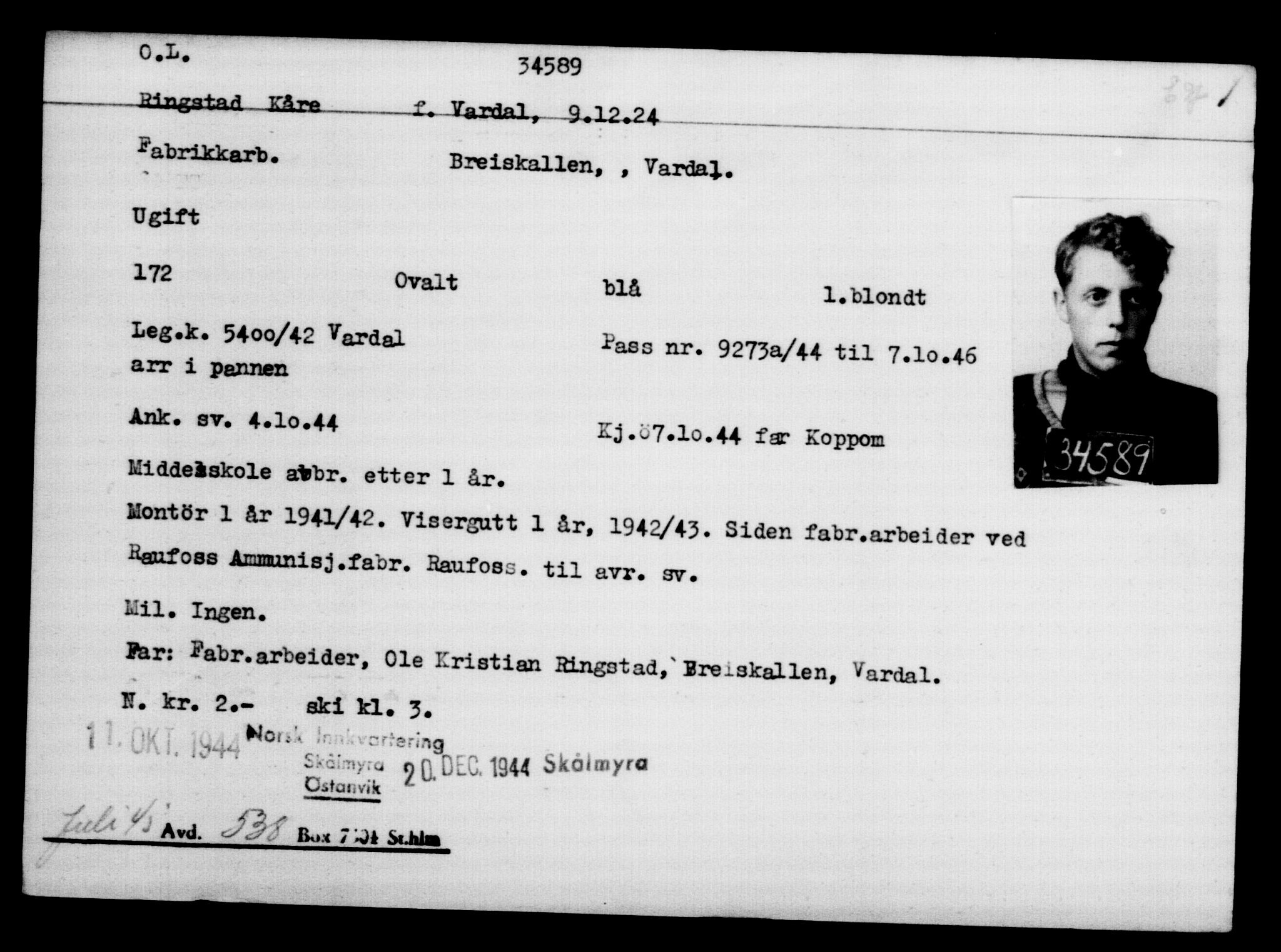 Utenriksstasjonene, Legasjonen i Stockholm, Flyktningkontoret, AV/RA-S-6753/V/Va/L0013: Kjesäterkartoteket, flyktninger med registreringsnr. 31500-34731, 1940-1945, p. 3254