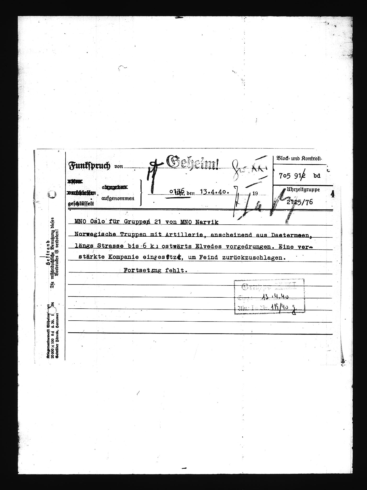 Documents Section, RA/RAFA-2200/V/L0076: Amerikansk mikrofilm "Captured German Documents".
Box No. 715.  FKA jnr. 619/1954., 1940, p. 181