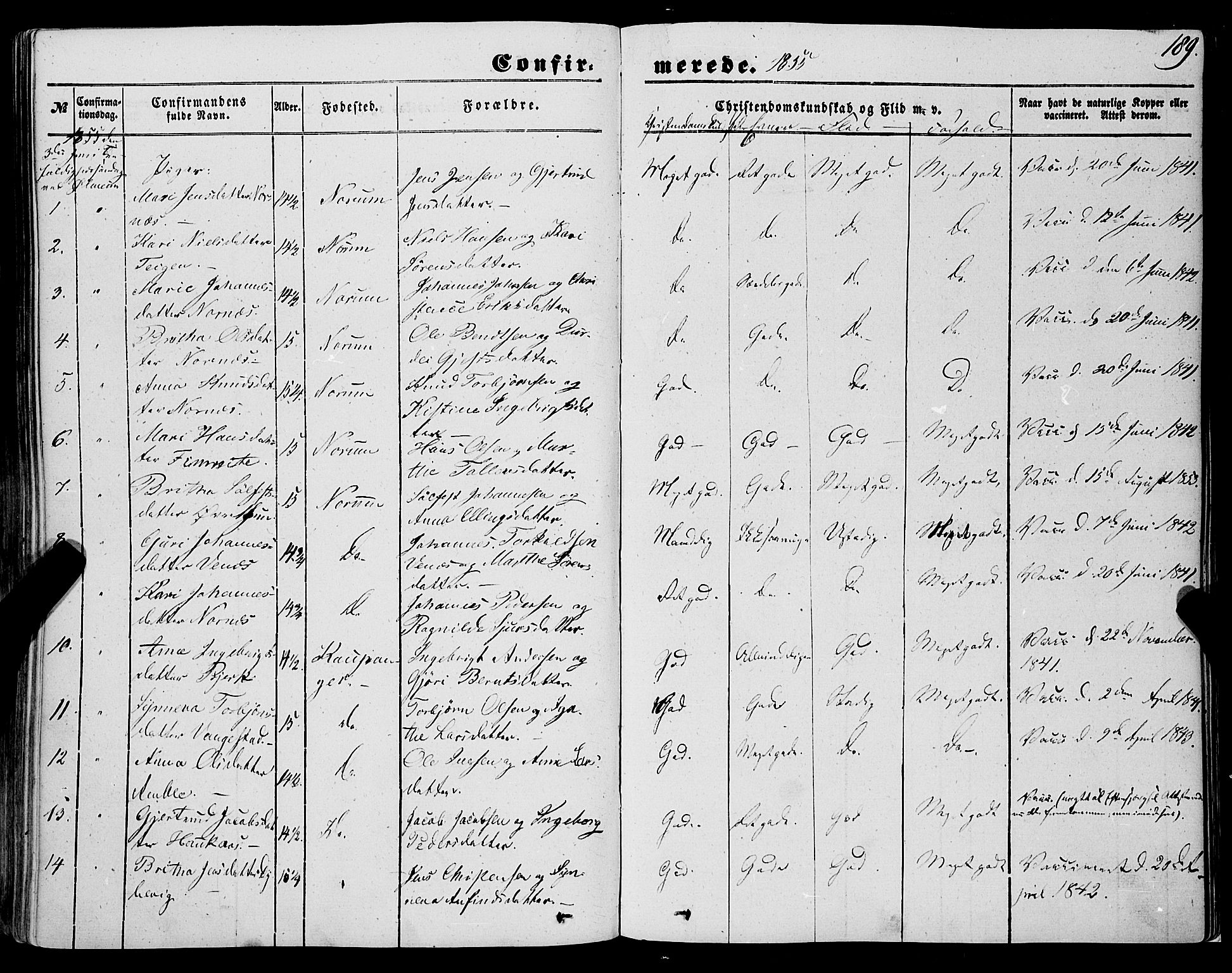 Sogndal sokneprestembete, AV/SAB-A-81301/H/Haa/Haaa/L0012I: Parish register (official) no. A 12I, 1847-1859, p. 189