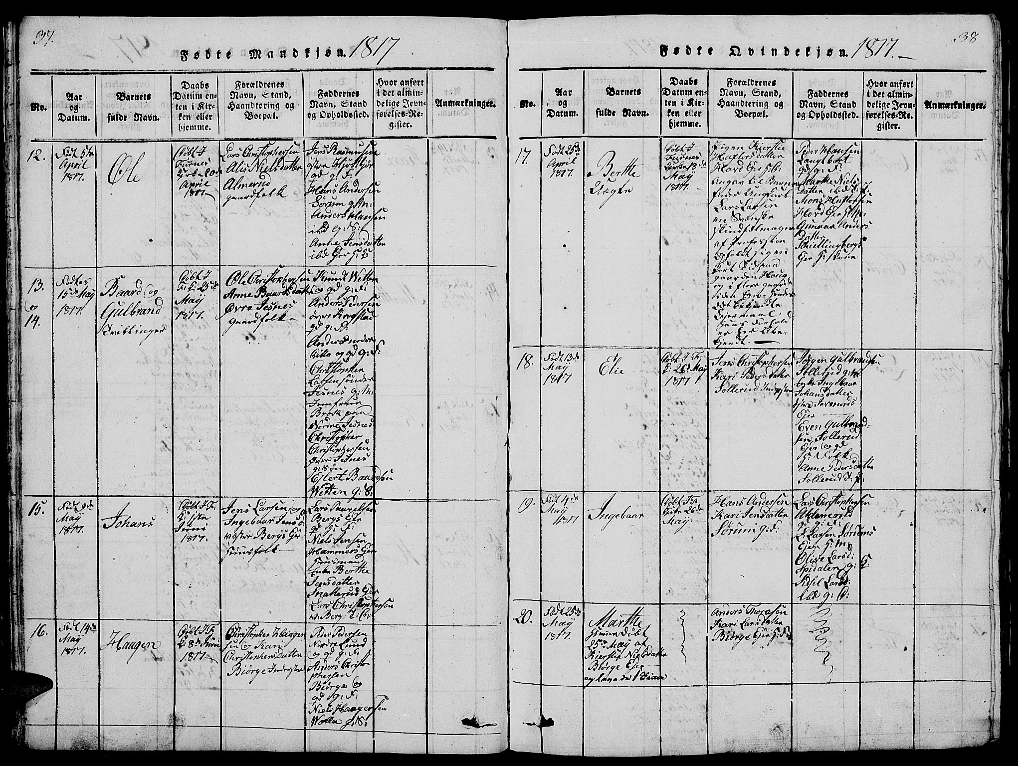 Vang prestekontor, Hedmark, AV/SAH-PREST-008/H/Ha/Hab/L0005: Parish register (copy) no. 5, 1815-1836, p. 37-38