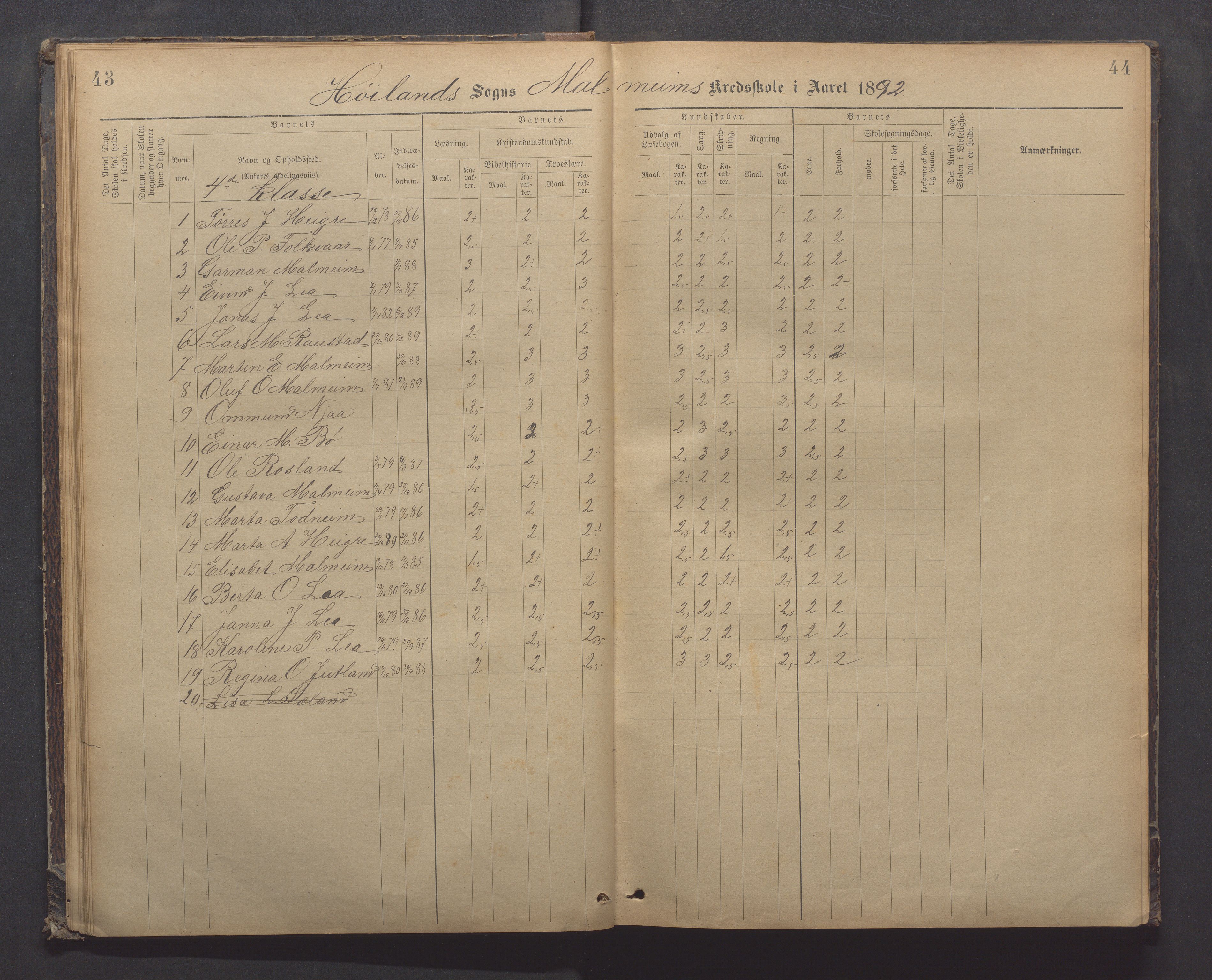 Høyland kommune - Malmheim skole, IKAR/K-100082/F/L0002: Skoleprotokoll, 1889-1909, p. 43-44