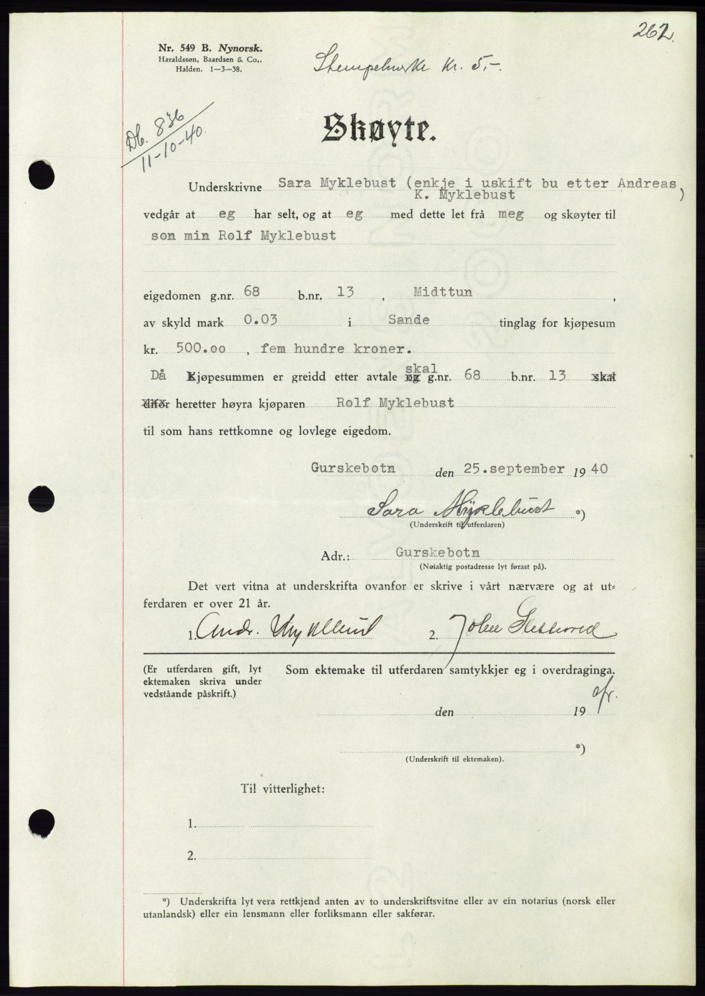 Søre Sunnmøre sorenskriveri, AV/SAT-A-4122/1/2/2C/L0070: Mortgage book no. 64, 1940-1941, Diary no: : 836/1940