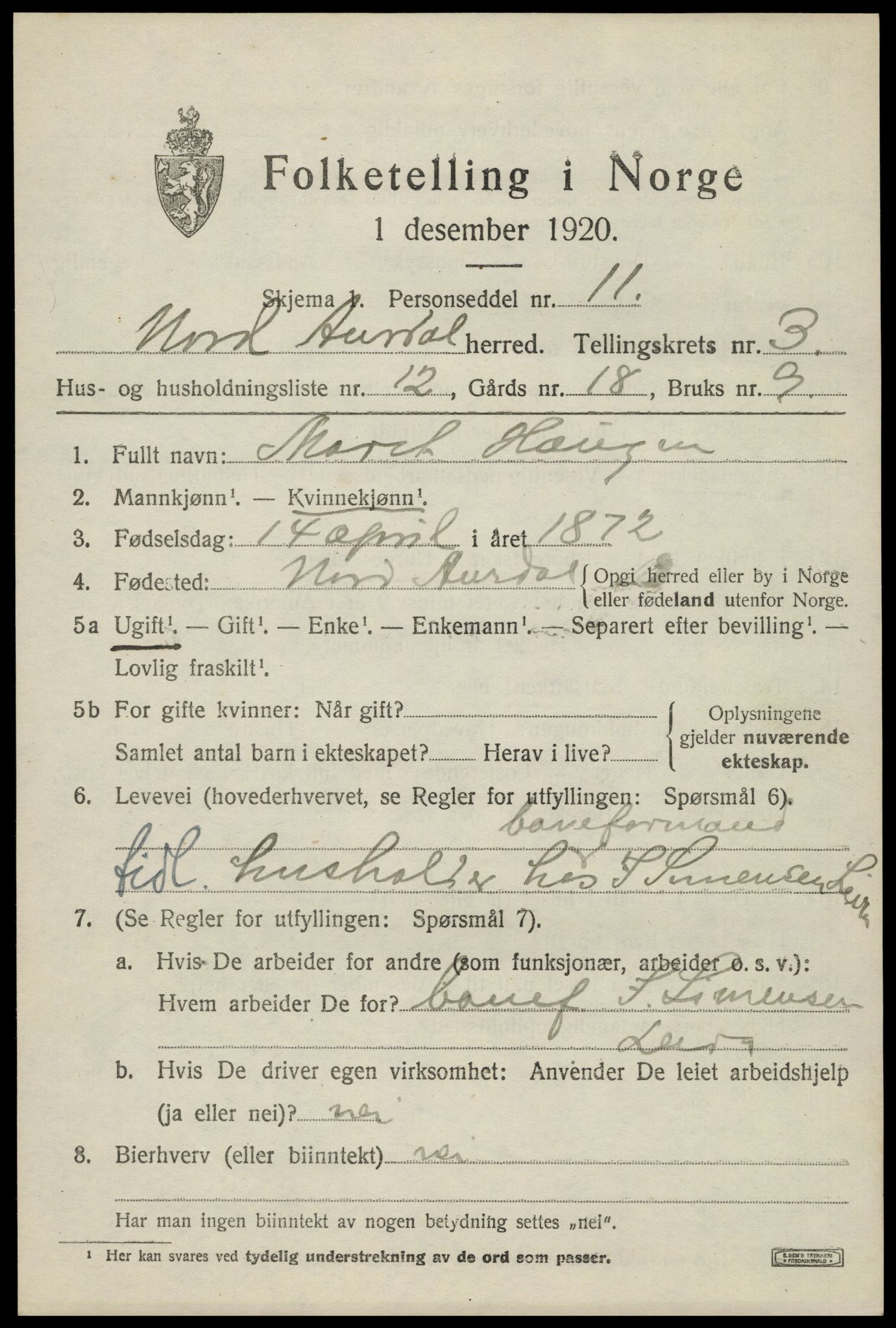 SAH, 1920 census for Nord-Aurdal, 1920, p. 3316