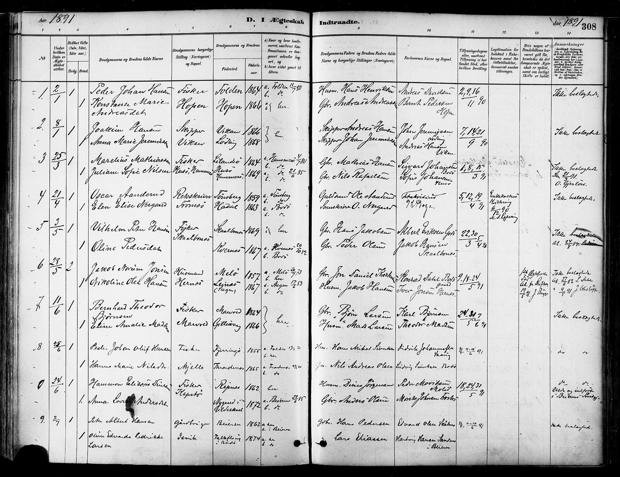 Ministerialprotokoller, klokkerbøker og fødselsregistre - Nordland, AV/SAT-A-1459/802/L0054: Parish register (official) no. 802A01, 1879-1893, p. 308