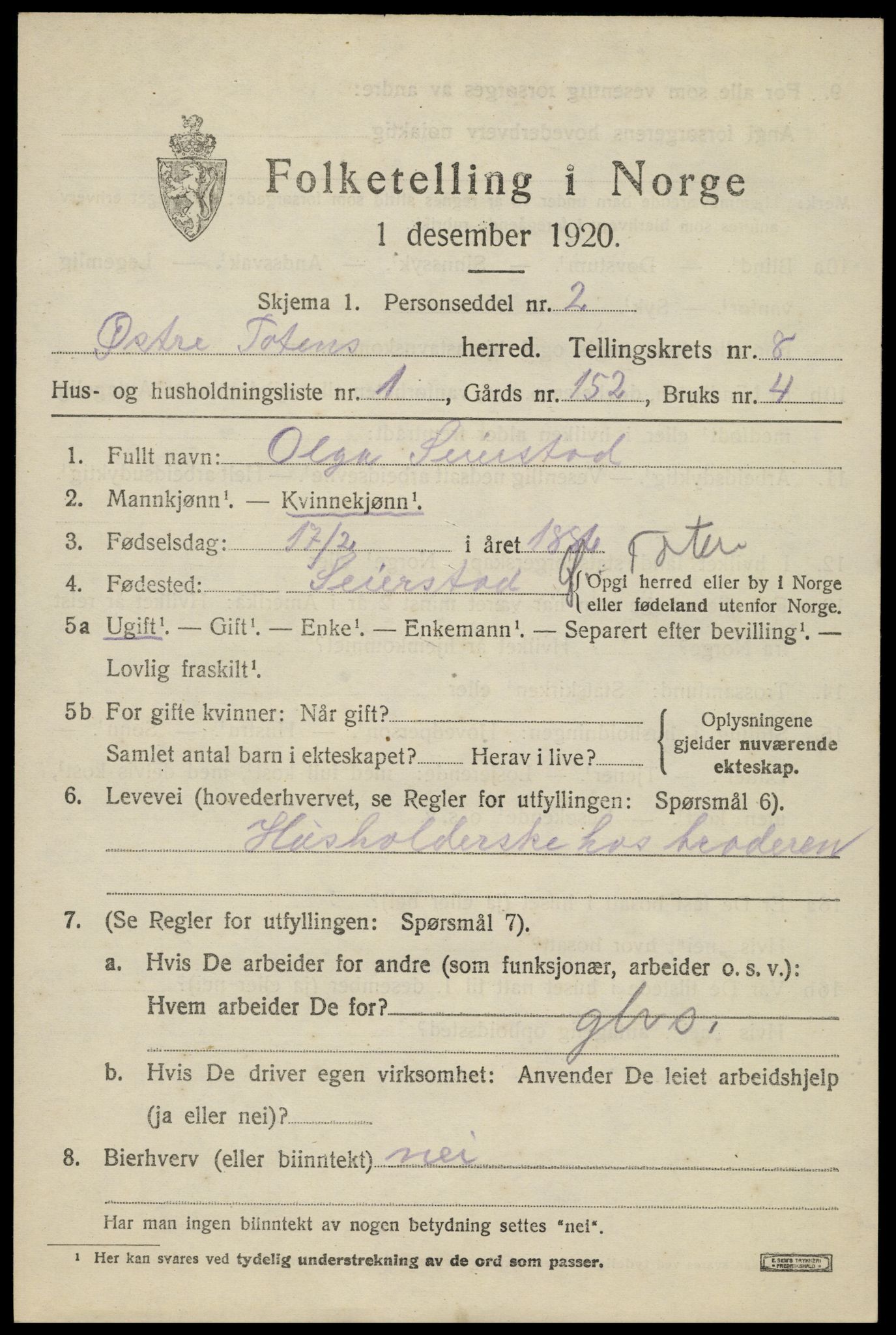 SAH, 1920 census for Østre Toten, 1920, p. 15858