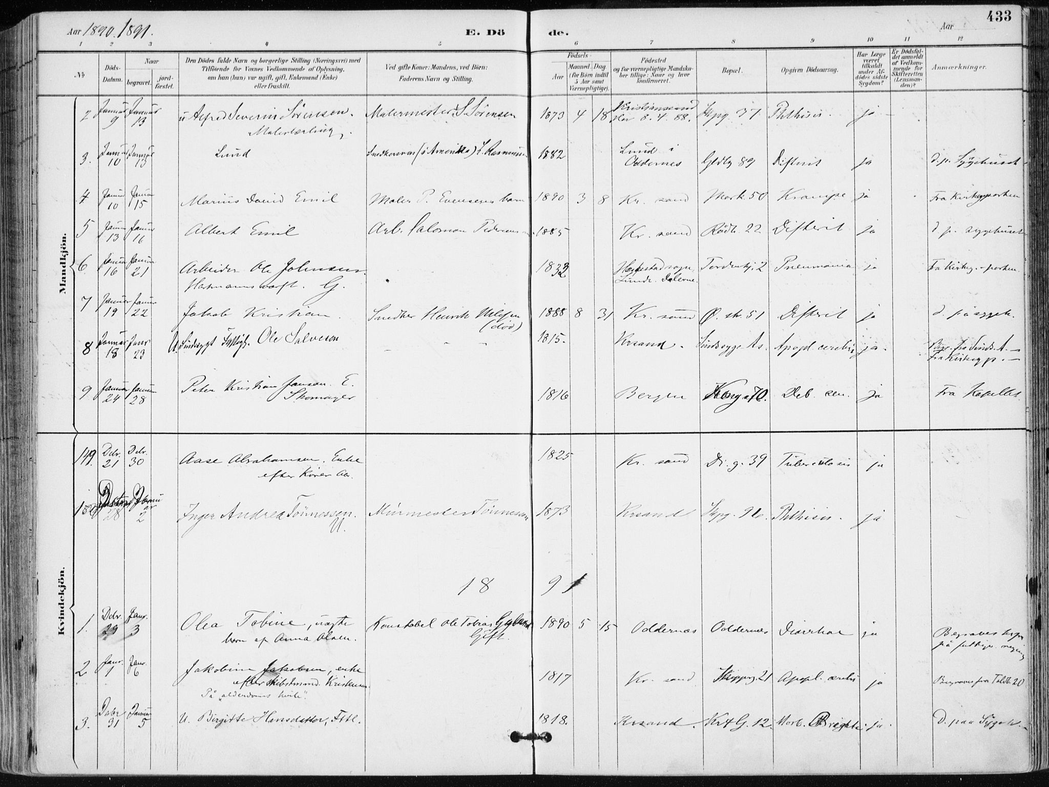 Kristiansand domprosti, AV/SAK-1112-0006/F/Fa/L0019: Parish register (official) no. A 18, 1890-1897, p. 433