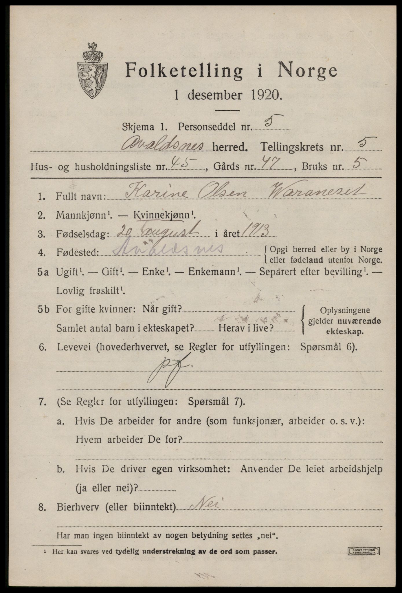 SAST, 1920 census for Avaldsnes, 1920, p. 5643