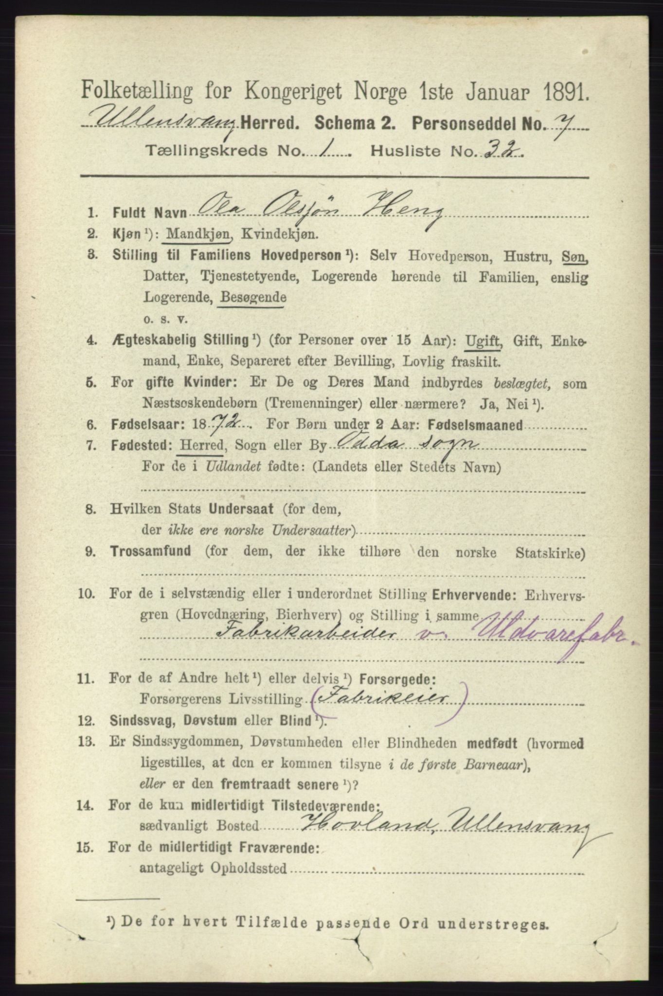 RA, 1891 census for 1230 Ullensvang, 1891, p. 277