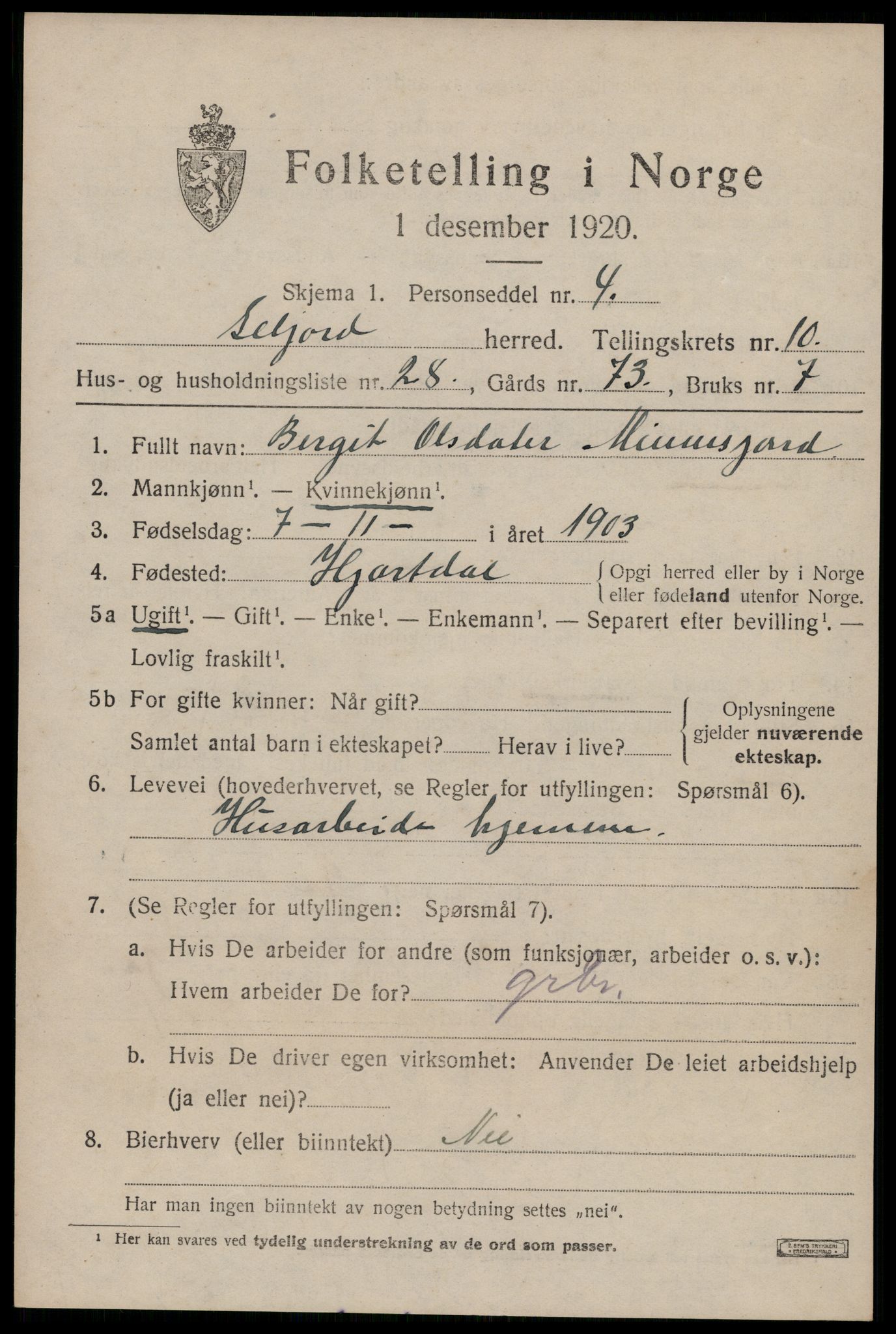 SAKO, 1920 census for Seljord, 1920, p. 5020