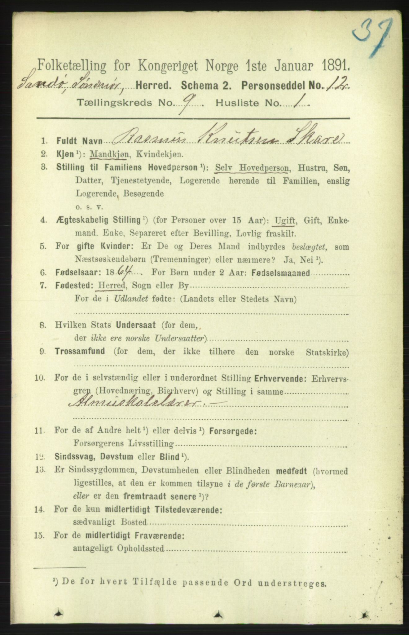 RA, 1891 census for 1514 Sande, 1891, p. 1501