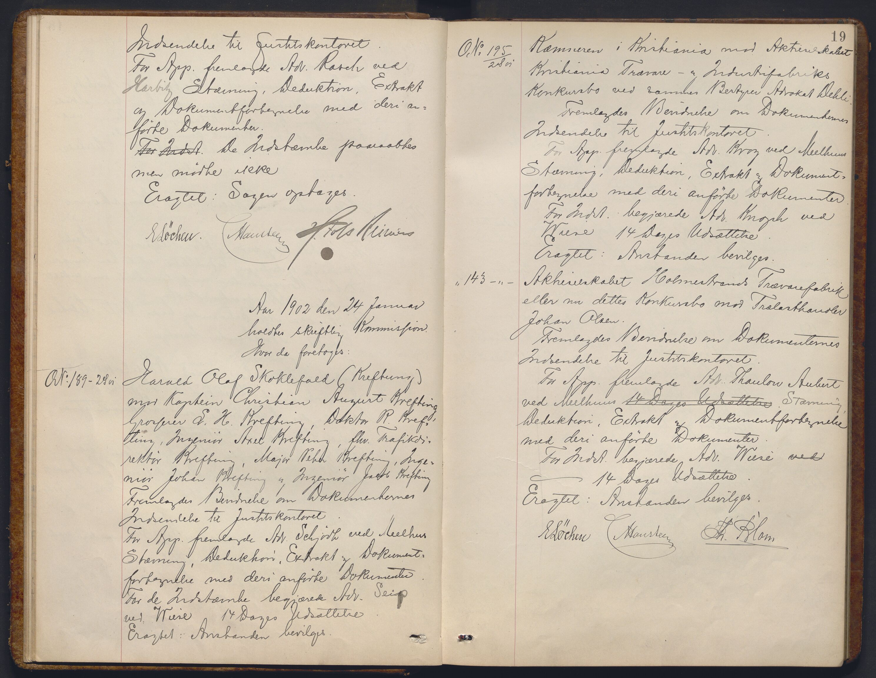 Høyesterett, AV/RA-S-1002/E/Ef/L0020: Protokoll over saker som gikk til skriftlig behandling, 1901-1904, p. 18b-19a