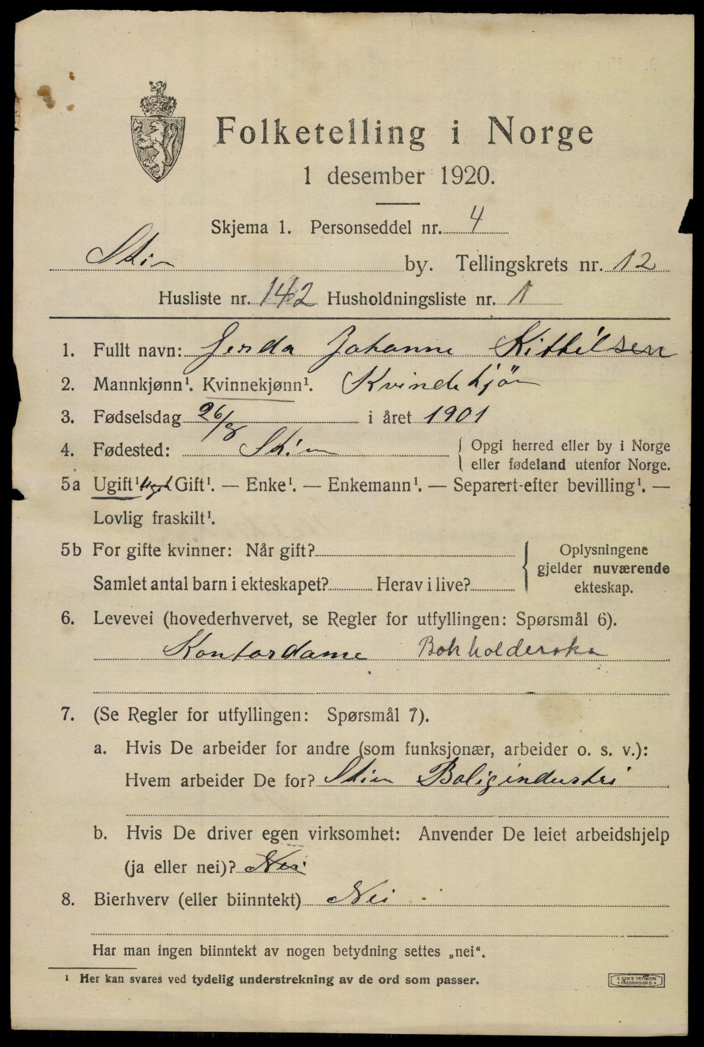 SAKO, 1920 census for Skien, 1920, p. 39470