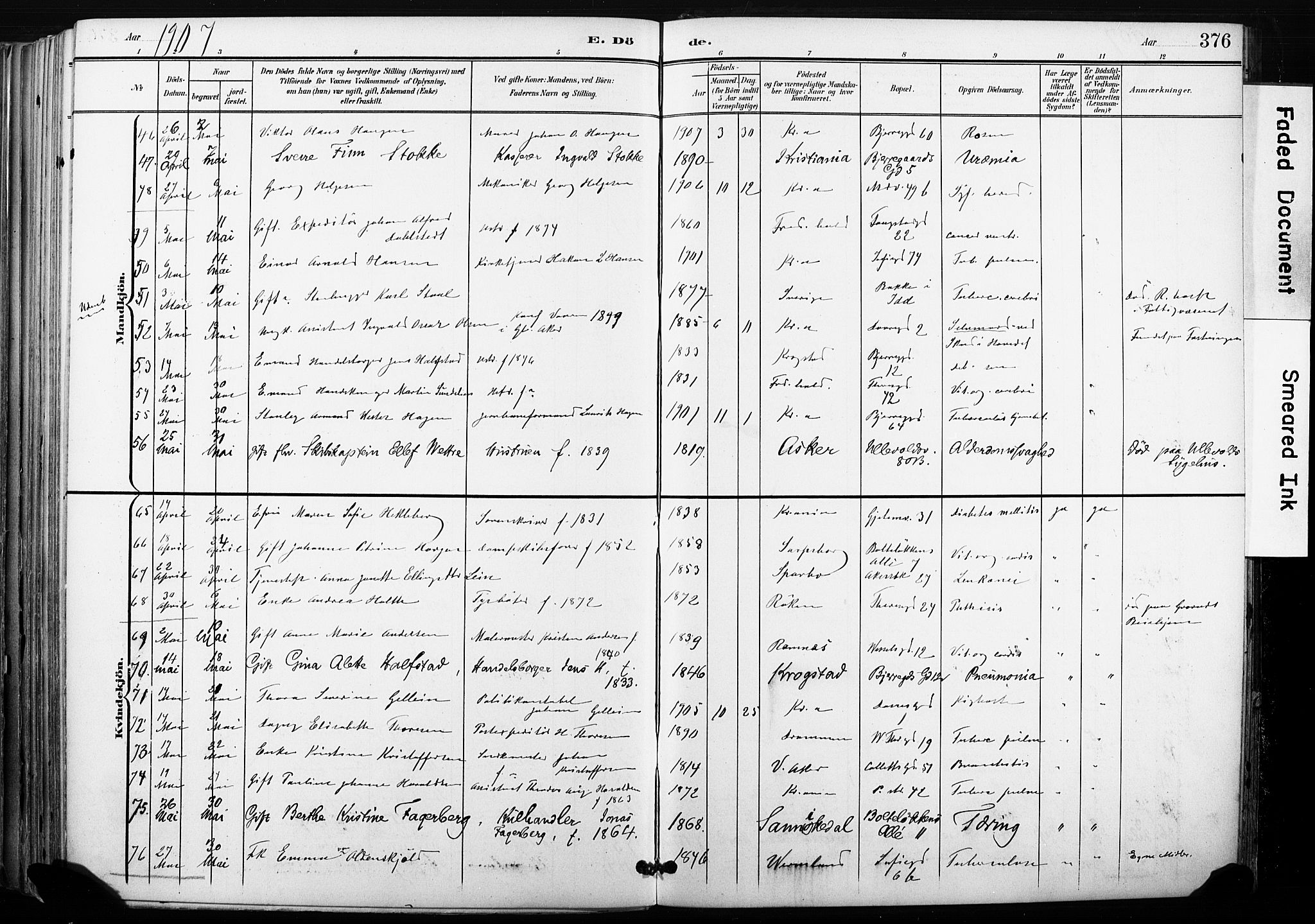 Gamle Aker prestekontor Kirkebøker, SAO/A-10617a/F/L0013: Parish register (official) no. 13, 1901-1908, p. 376