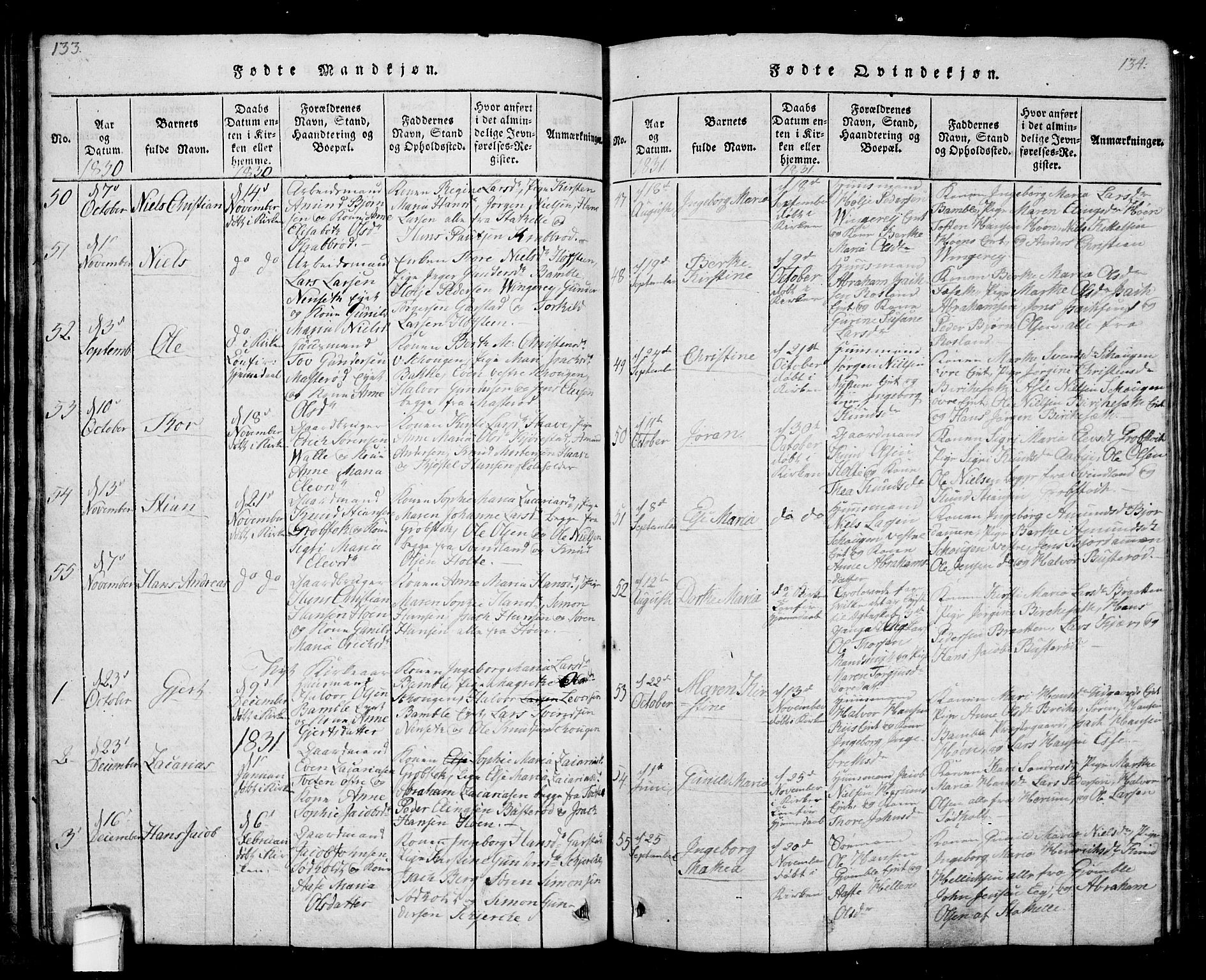 Bamble kirkebøker, SAKO/A-253/G/Ga/L0005: Parish register (copy) no. I 5, 1814-1855, p. 133-134
