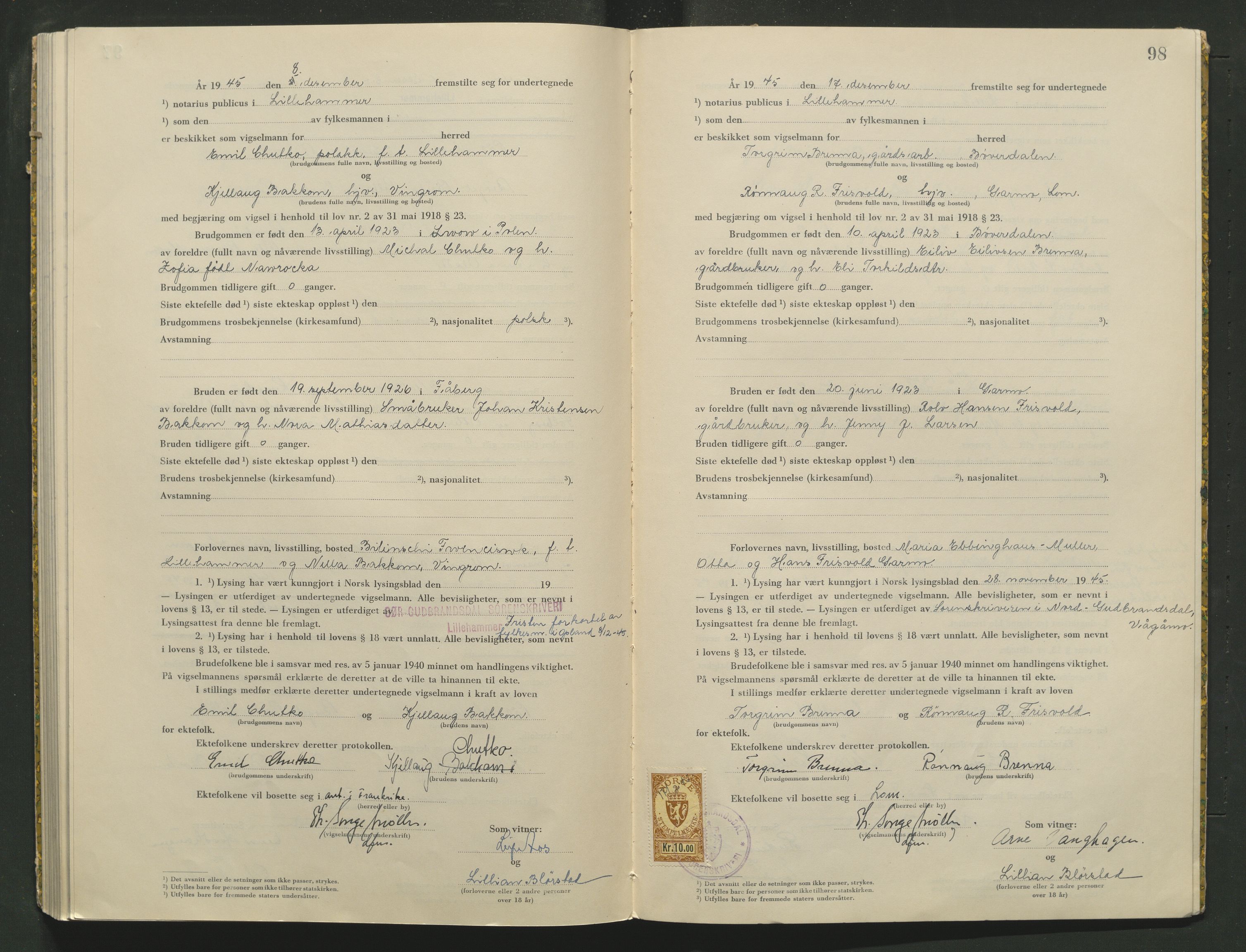 Sør-Gudbrandsdal tingrett, AV/SAH-TING-004/L/Lc/L0005: Vigselsprotokoll, 1944-1946, p. 98