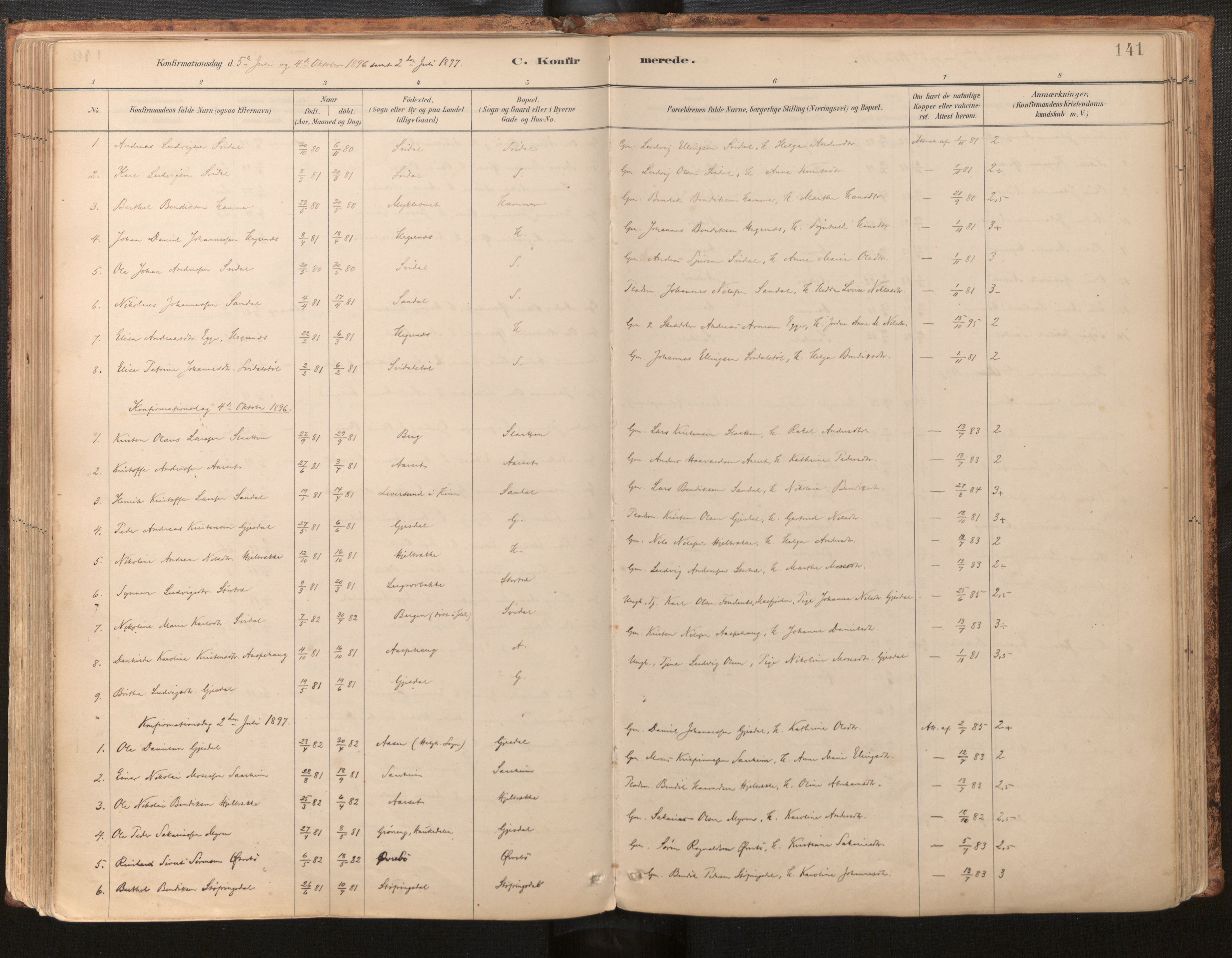 Jølster sokneprestembete, SAB/A-80701/H/Haa/Haab/L0001: Parish register (official) no. B 1, 1882-1930, p. 141