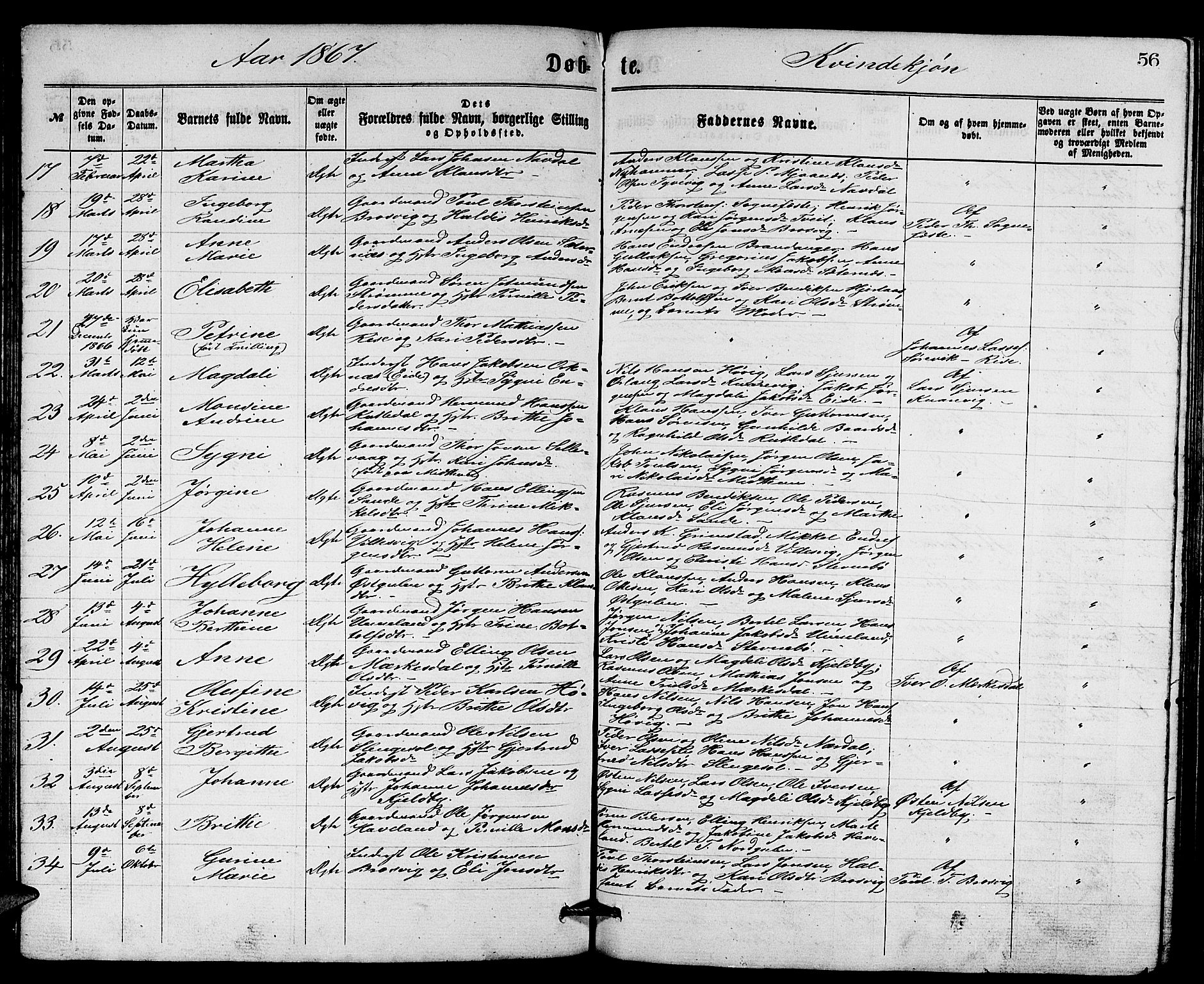 Gulen sokneprestembete, AV/SAB-A-80201/H/Hab/Habb/L0002: Parish register (copy) no. B 2, 1867-1883, p. 56