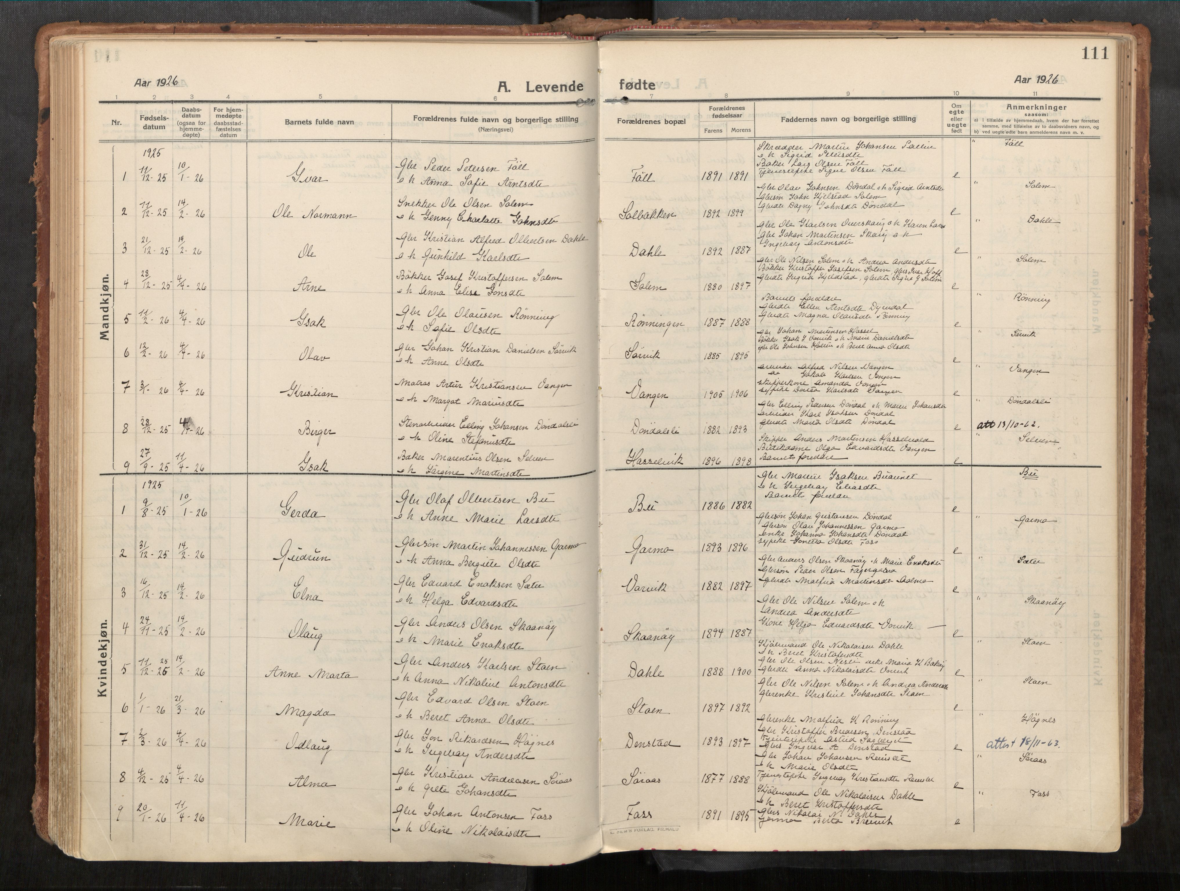 Stadsbygd sokneprestkontor, AV/SAT-A-1117/1/I/I1/I1a/L0001: Parish register (official) no. 1, 1911-1929, p. 111