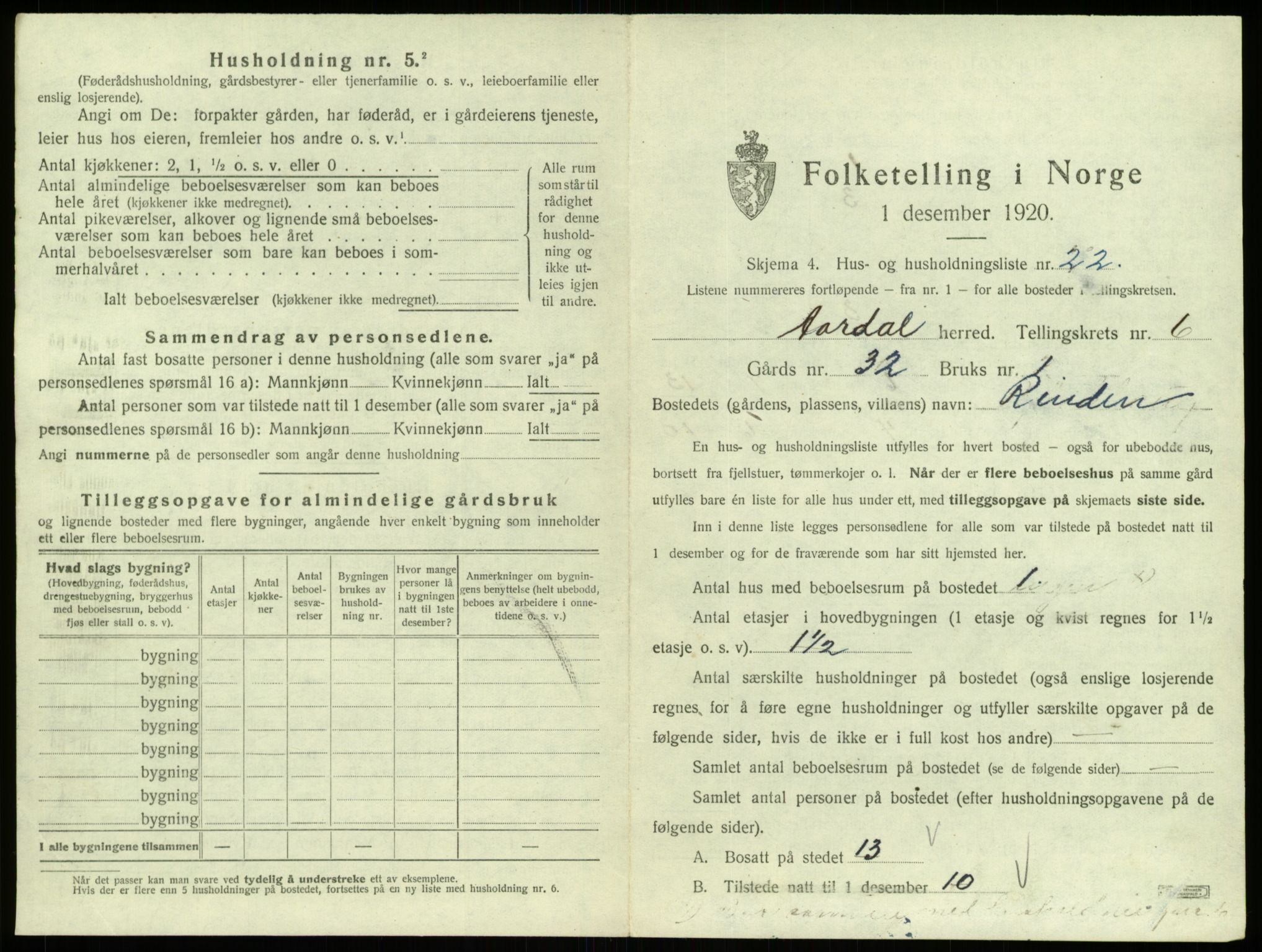 SAB, 1920 census for Årdal, 1920, p. 439