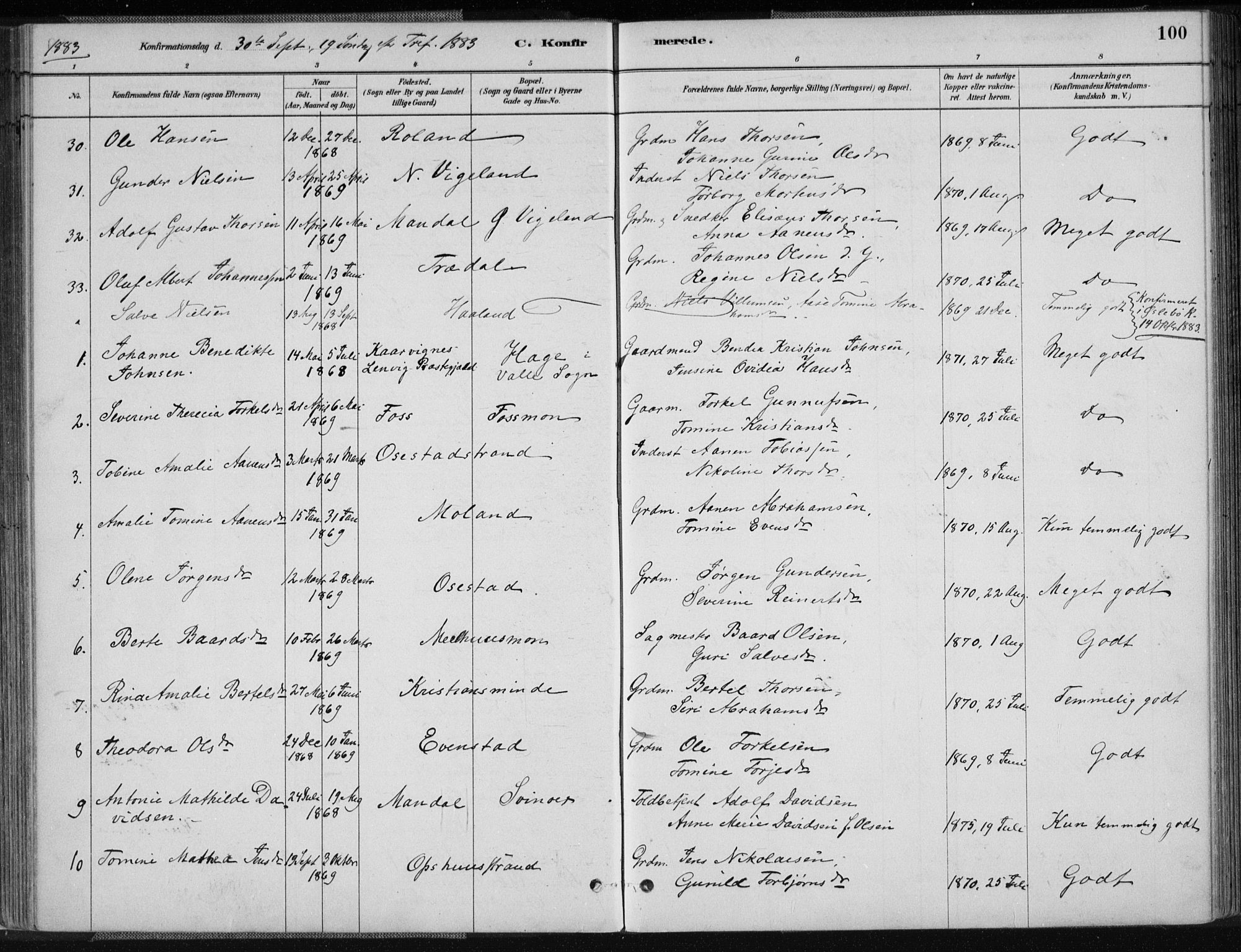 Sør-Audnedal sokneprestkontor, AV/SAK-1111-0039/F/Fa/Fab/L0009: Parish register (official) no. A 9, 1880-1895, p. 100