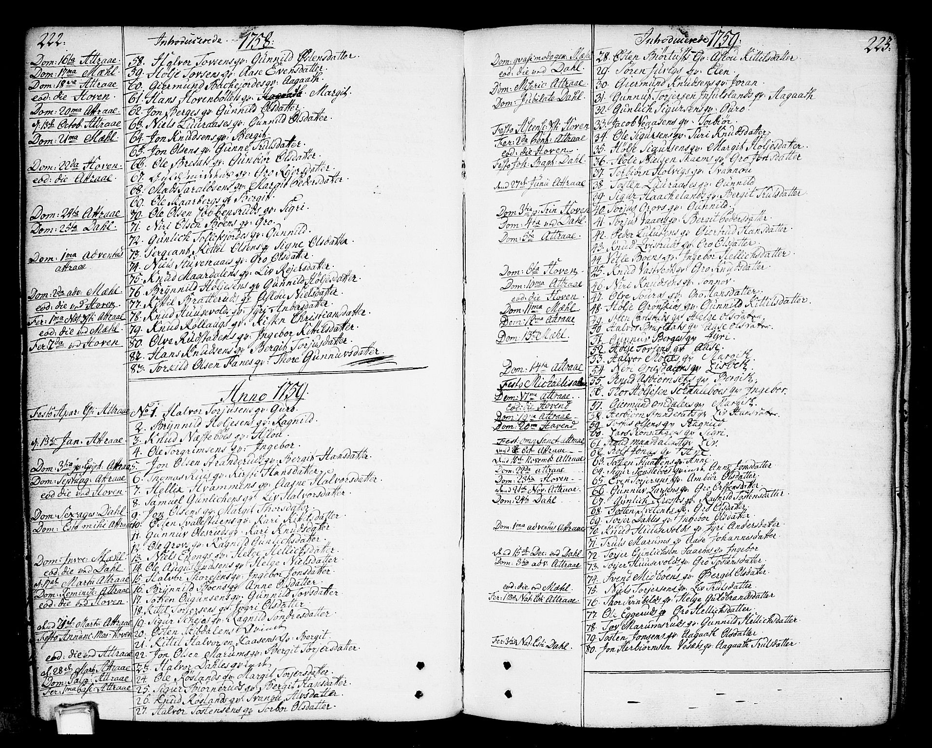 Tinn kirkebøker, SAKO/A-308/F/Fa/L0002: Parish register (official) no. I 2, 1757-1810, p. 222-223