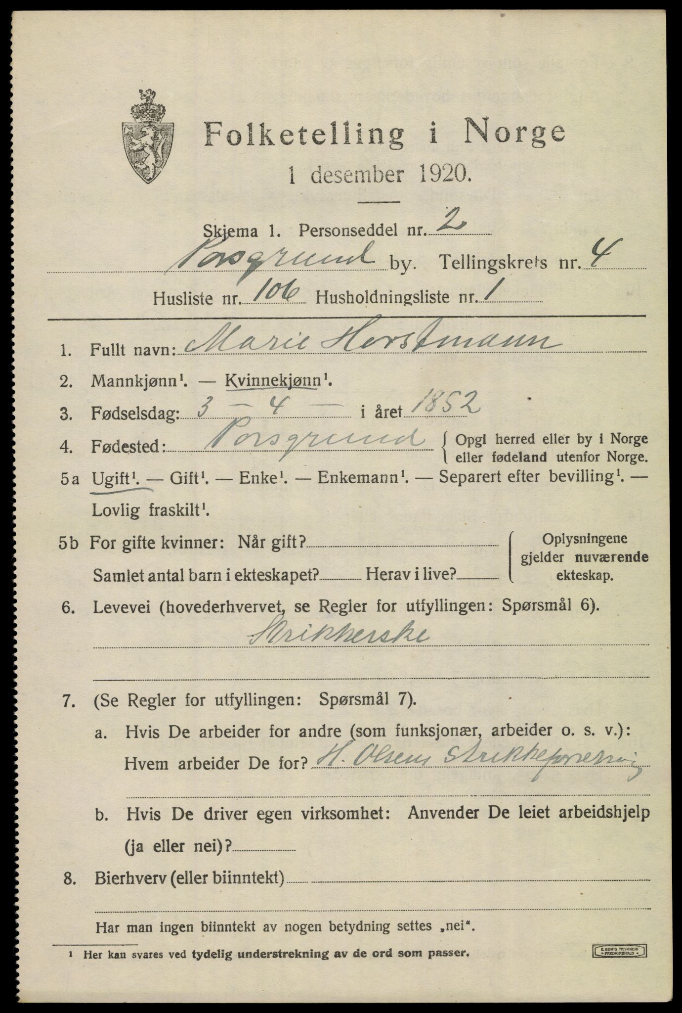 SAKO, 1920 census for Porsgrunn, 1920, p. 19935