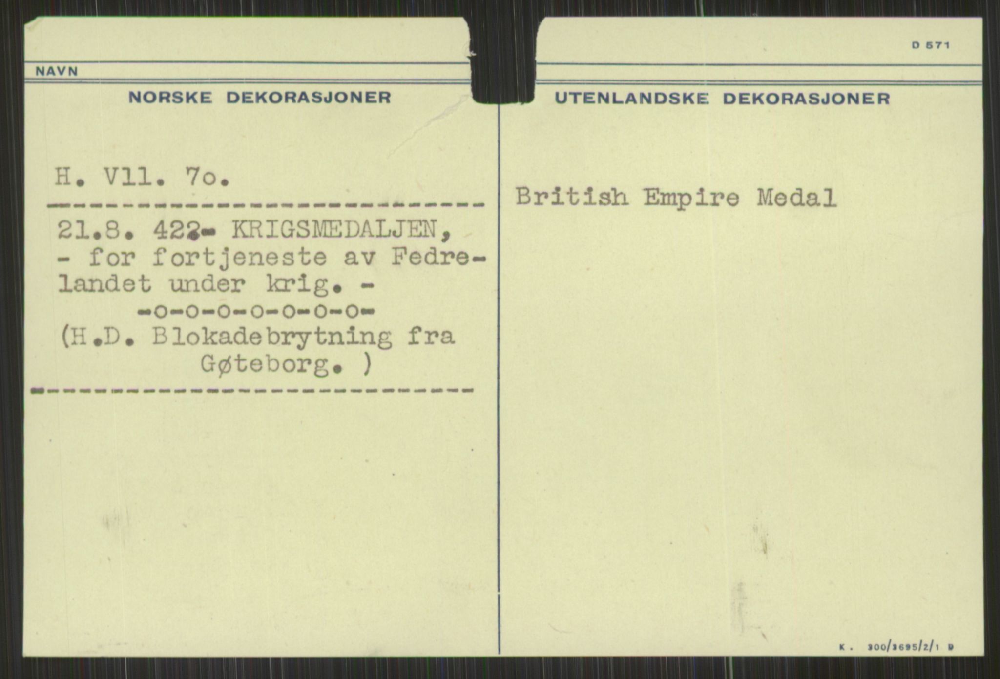 Forsvaret, Krigsdekorasjonskanselliet, AV/RA-RAFA-5156/G/Gd/L0001: Diverse registre, 1944-1956, p. 233