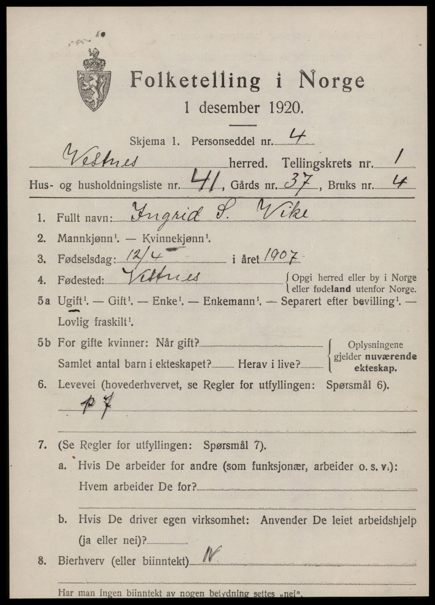 SAT, 1920 census for Vestnes, 1920, p. 1707