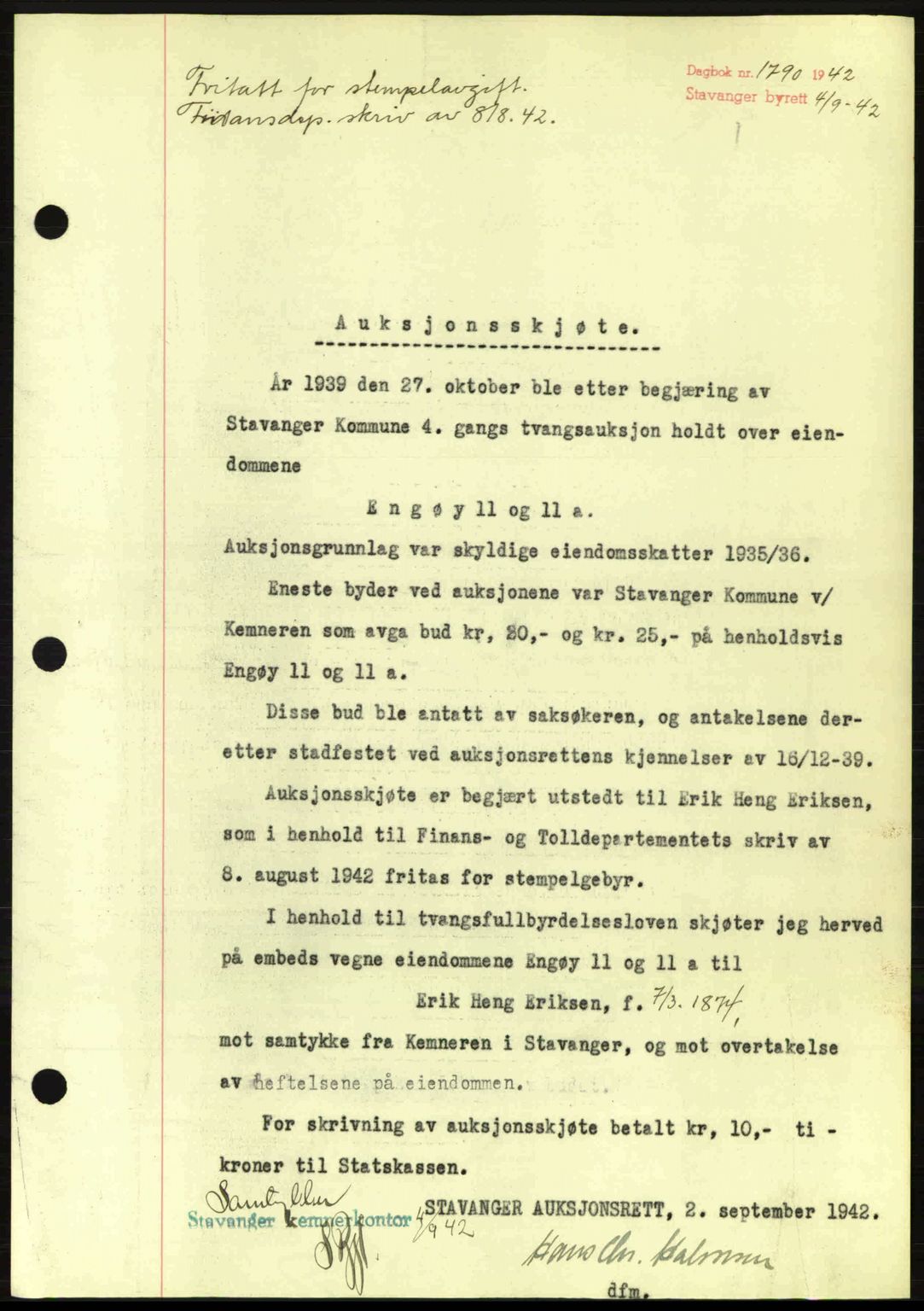 Stavanger byrett, SAST/A-100455/002/G/Gb/L0017: Mortgage book no. A7, 1941-1943, Diary no: : 1790/1942