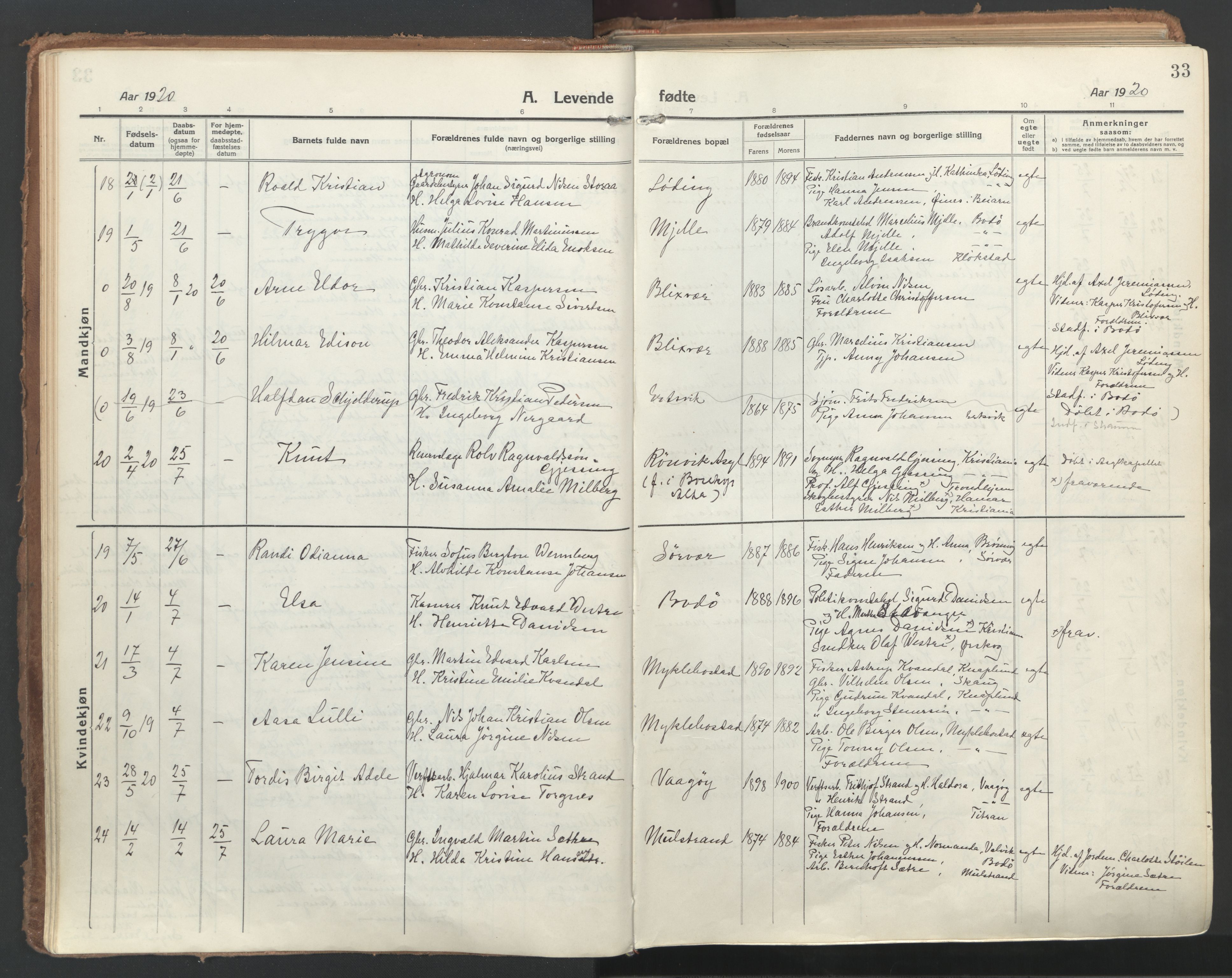 Ministerialprotokoller, klokkerbøker og fødselsregistre - Nordland, AV/SAT-A-1459/802/L0060: Parish register (official) no. 802A07, 1916-1933, p. 33