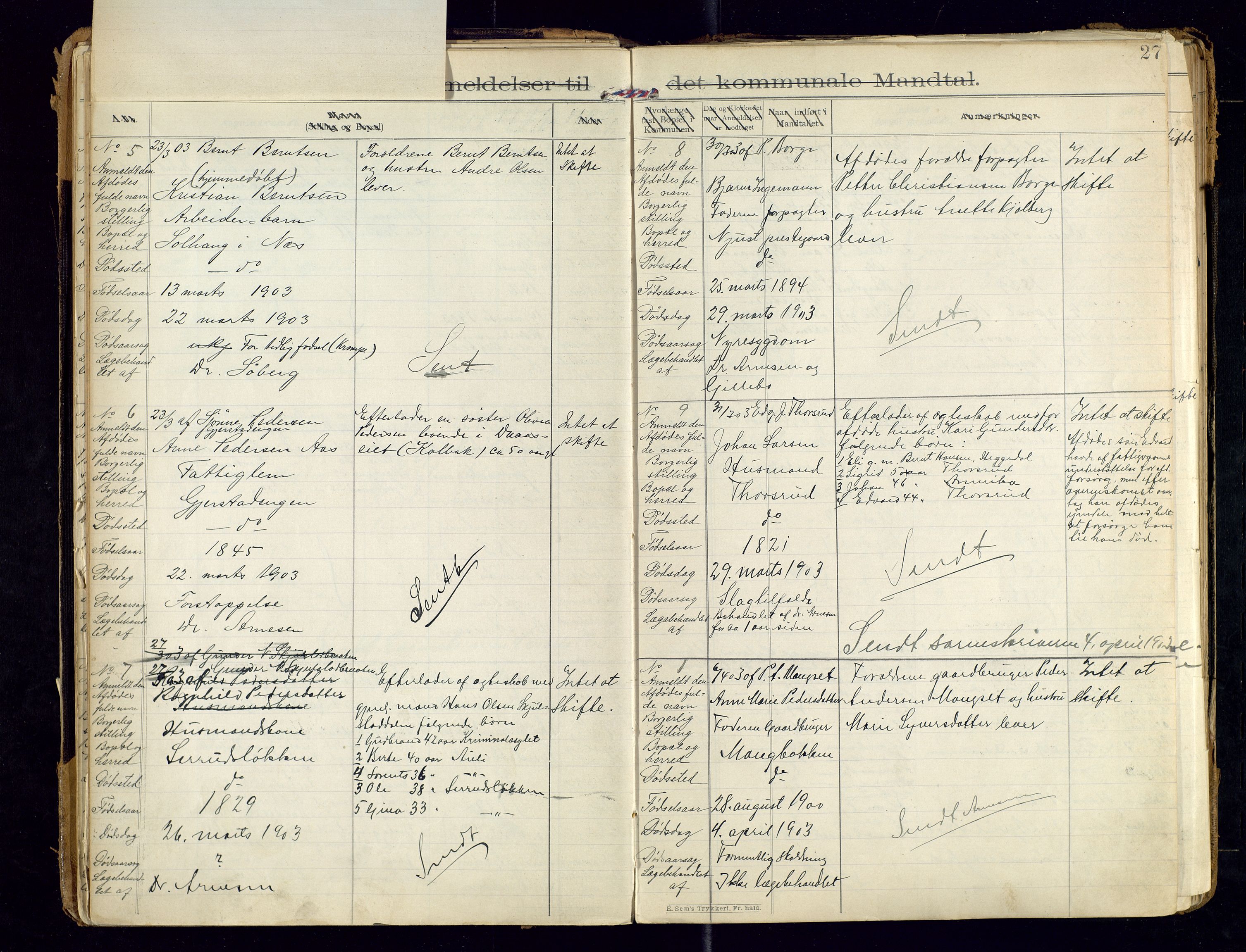 Sør-Odal lensmannskontor, SAH/LHS-022/H/Hb/L0001/0002: Protokoller over anmeldte dødsfall / Protokoll over anmeldte dødsfall, 1901-1913, p. 27