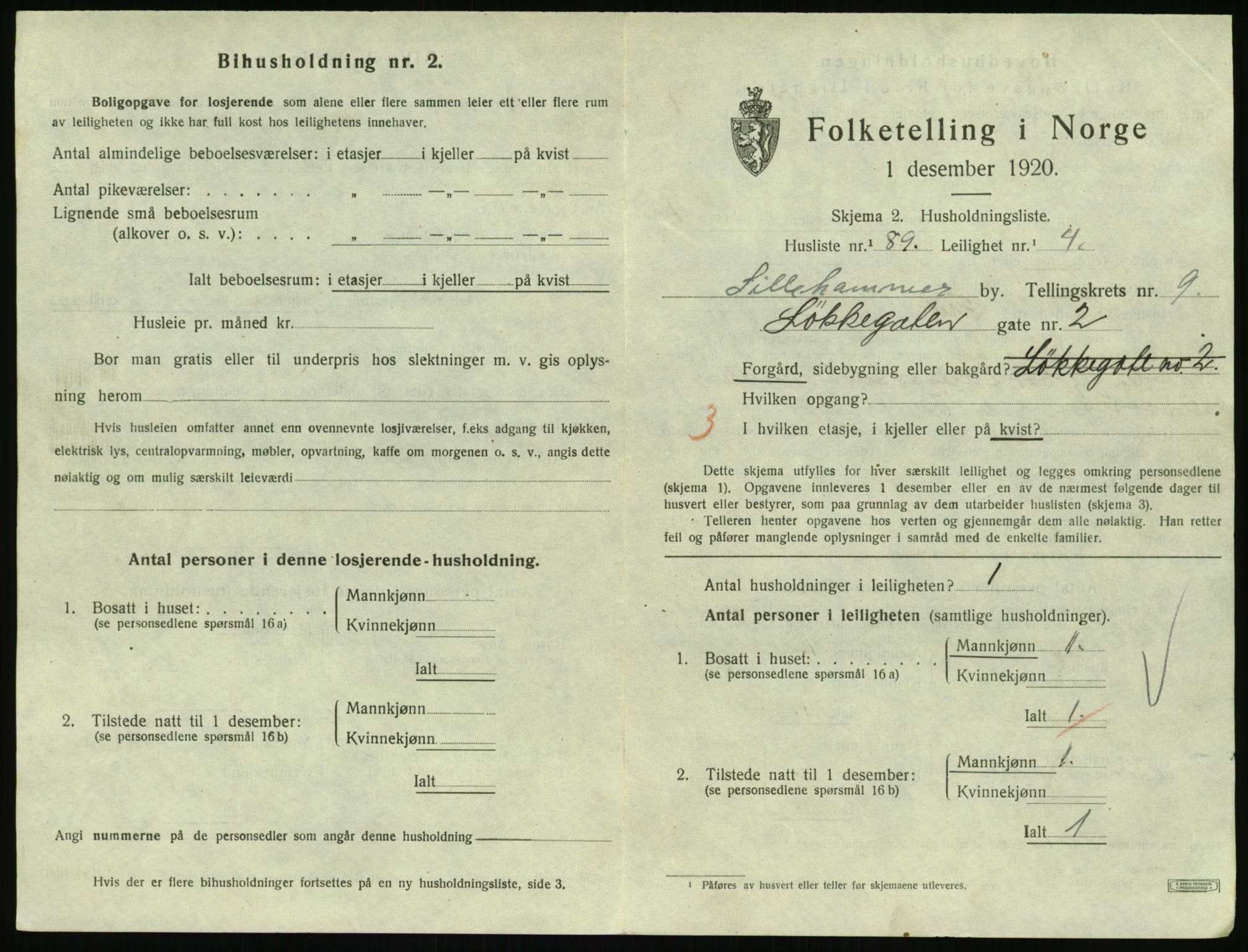 SAH, 1920 census for Lillehammer, 1920, p. 3368