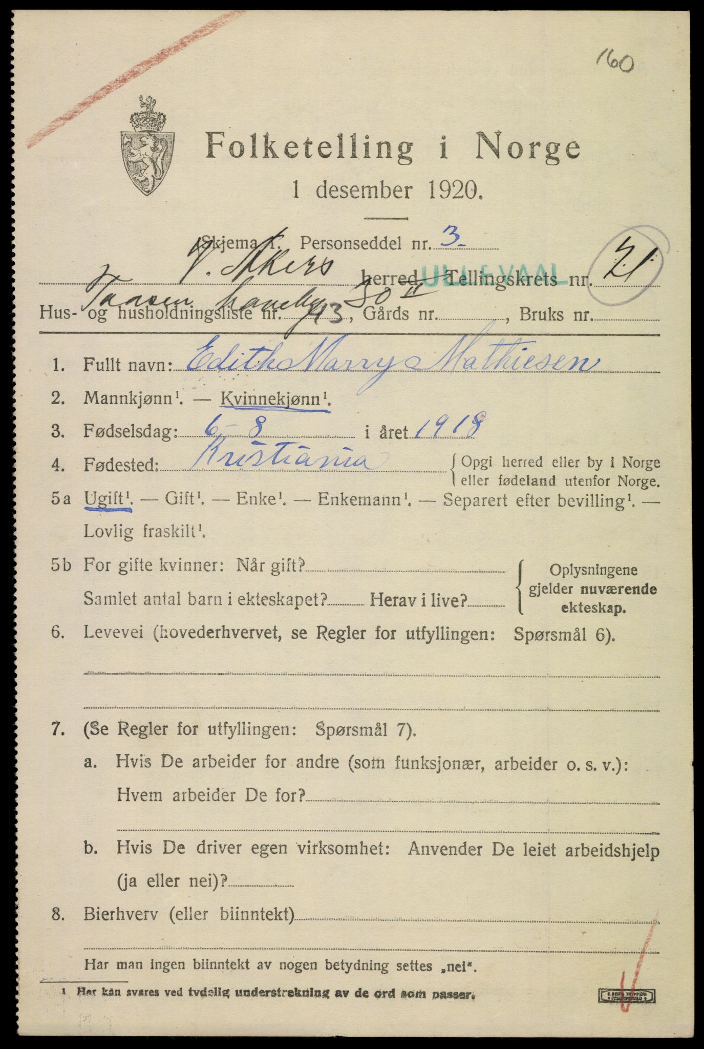 SAO, 1920 census for Aker, 1920, p. 125800