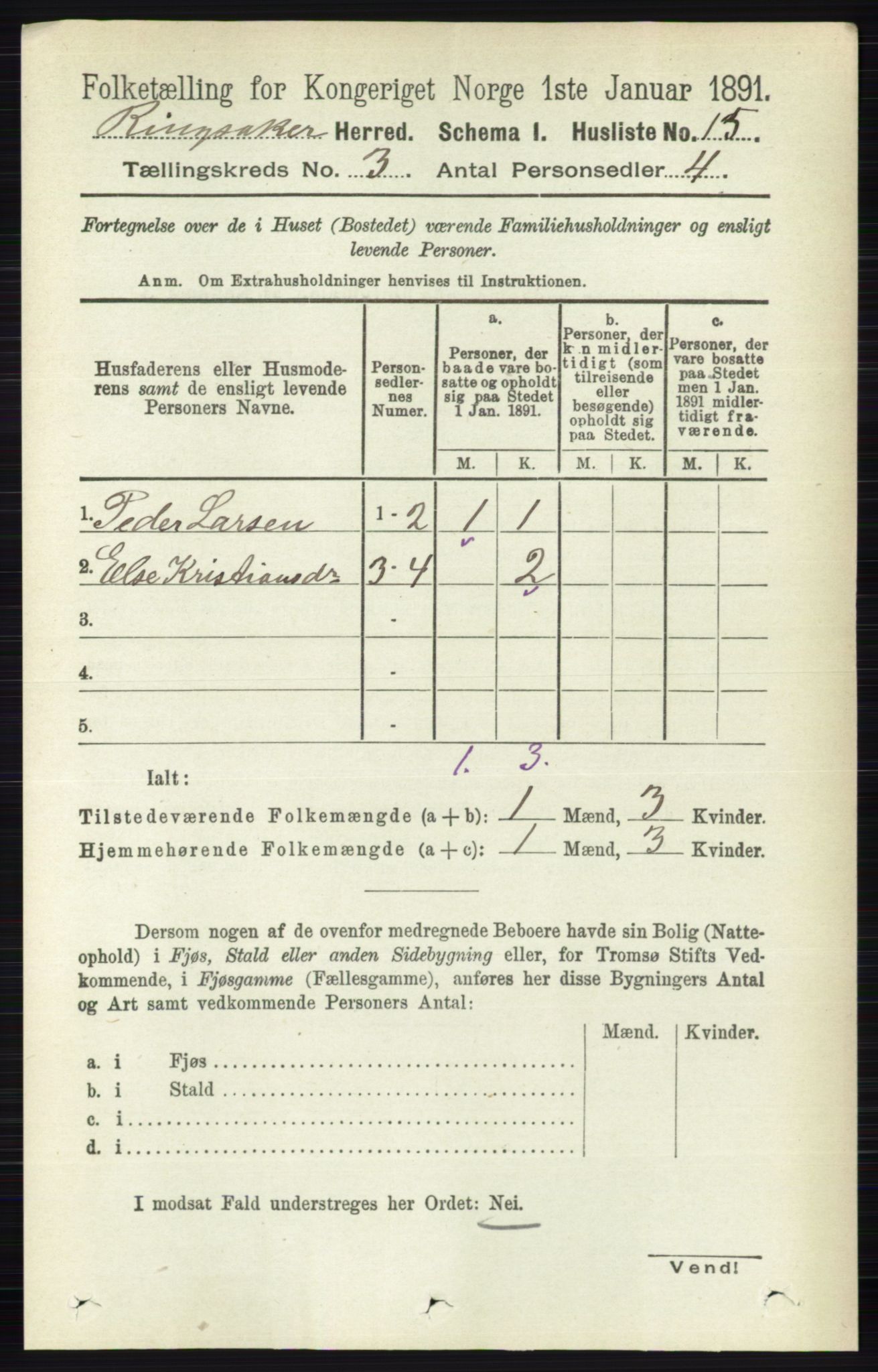 RA, 1891 census for 0412 Ringsaker, 1891, p. 1176