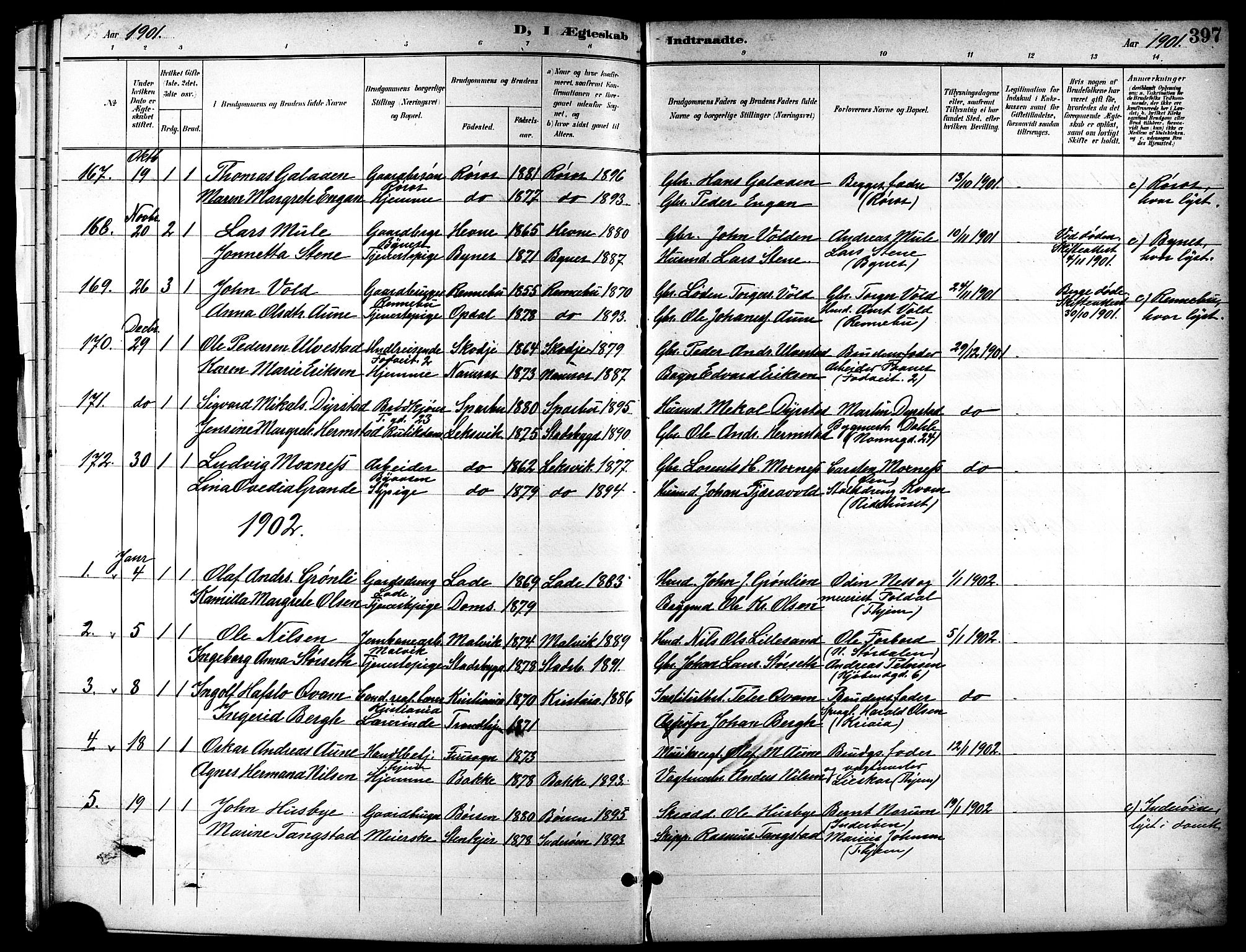 Ministerialprotokoller, klokkerbøker og fødselsregistre - Sør-Trøndelag, SAT/A-1456/601/L0094: Parish register (copy) no. 601C12, 1898-1911, p. 397